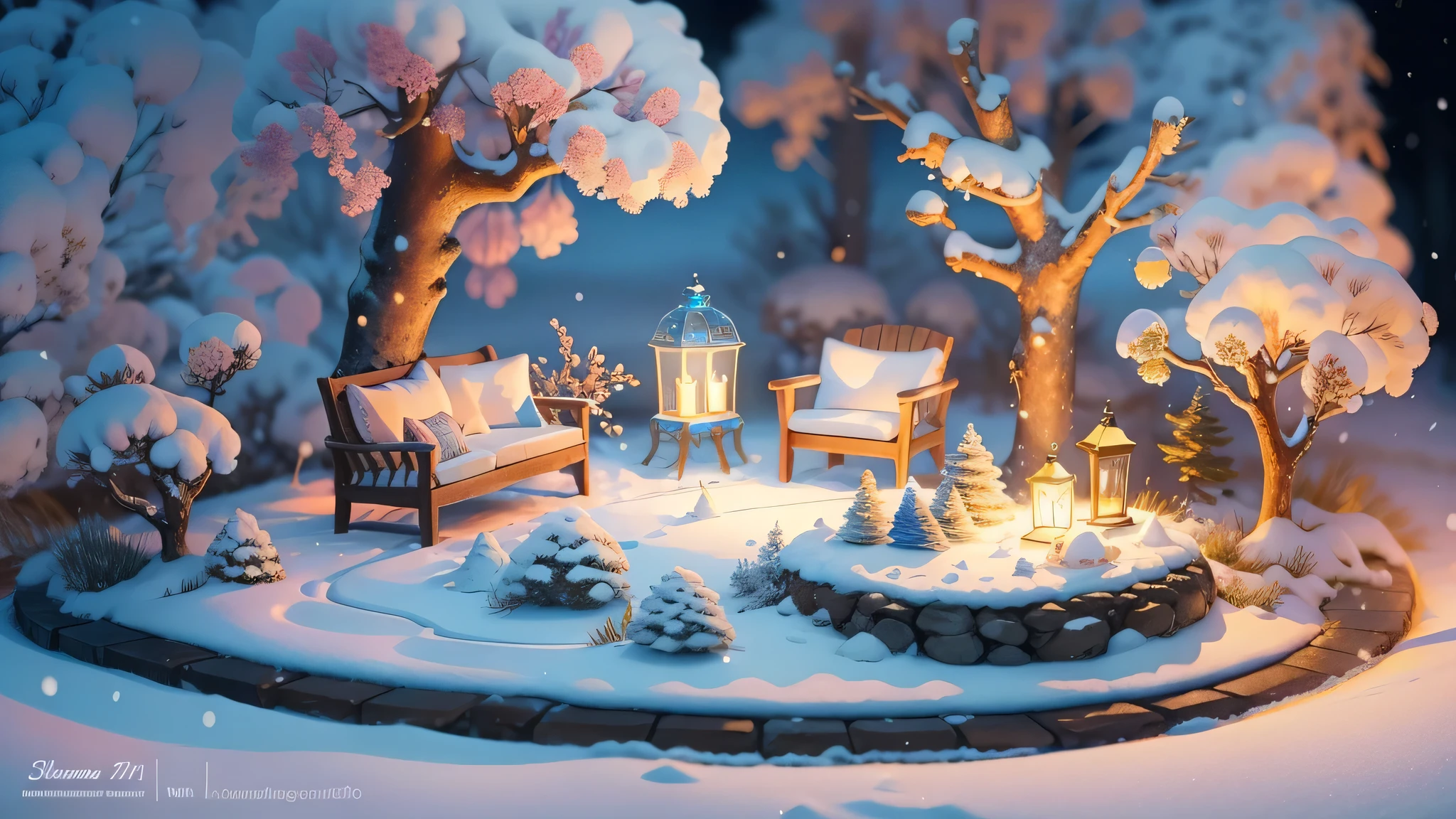 Magic garden miniature scene, delicate light blue snow flowers、soft glowing branches、Illuminated by happy smiling miniatures. 8K Autorealist,snow mountain、fluffy furniture、warm blanket、bonfire、Hot drinks