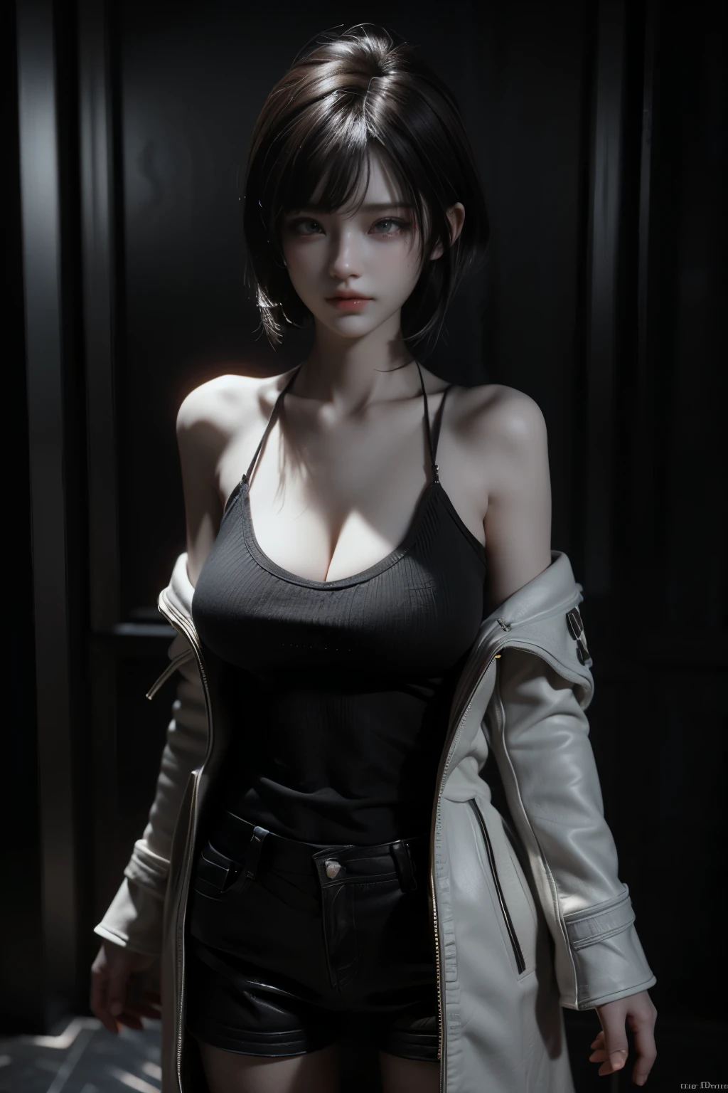 Masterpiece,Game art,The best picture quality,Highest resolution,8K,(Portrait),Unreal Engine 5 rendering works,(Digital Photography),
20 year old girl,Short hair details,With long bangs,(The red eye makeup is very meticulous),(White with short haiery red eyes,(Large, full breasts),Elegant and noble,Brave and charming,
(Charge coat,Bare shoulder,Open),
Movie lights,Ray tracing,Game CG,((3D Unreal Engine)),OC rendering reflection pattern