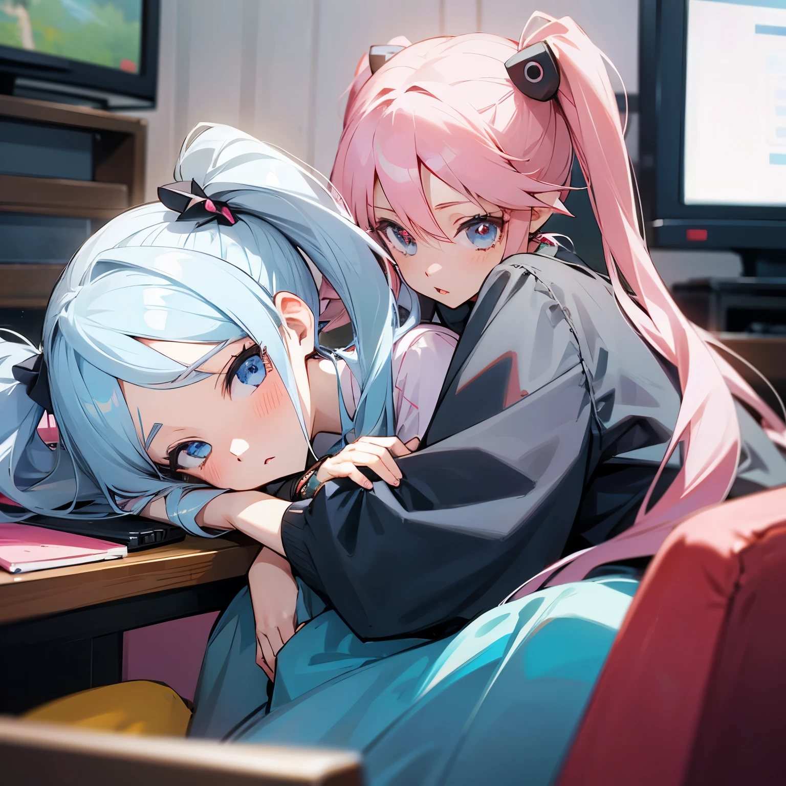 Girls with pink hair, long double-tailed hairstyle, ((small pink bushy eyebrows)), dressed in lolita clothes, marked vagina, lolicon (Zankuro) drawing style by zankuro artist, ザンクロー style, image uploaded to R34, changing of clothes in a room, looking away, not looking at the camera (hidden camera recording it, security camera filter recording it)