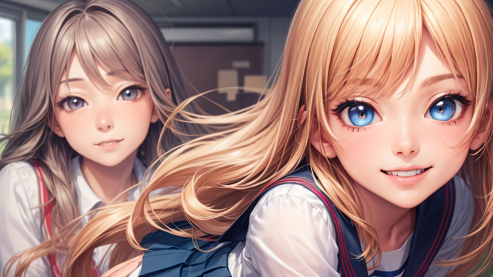 1 girl, very cute face, wonderful face and eyes, Smile, (highly detailed eyes, highly detailed face), Fresh, very beautiful appearance, (surreal, High resolution), (highest quality:1.4), professional photography, (high School uniform, pleated mini skirt:1.2), smile a little, (look at me), (anime illustration), School, classroom, 