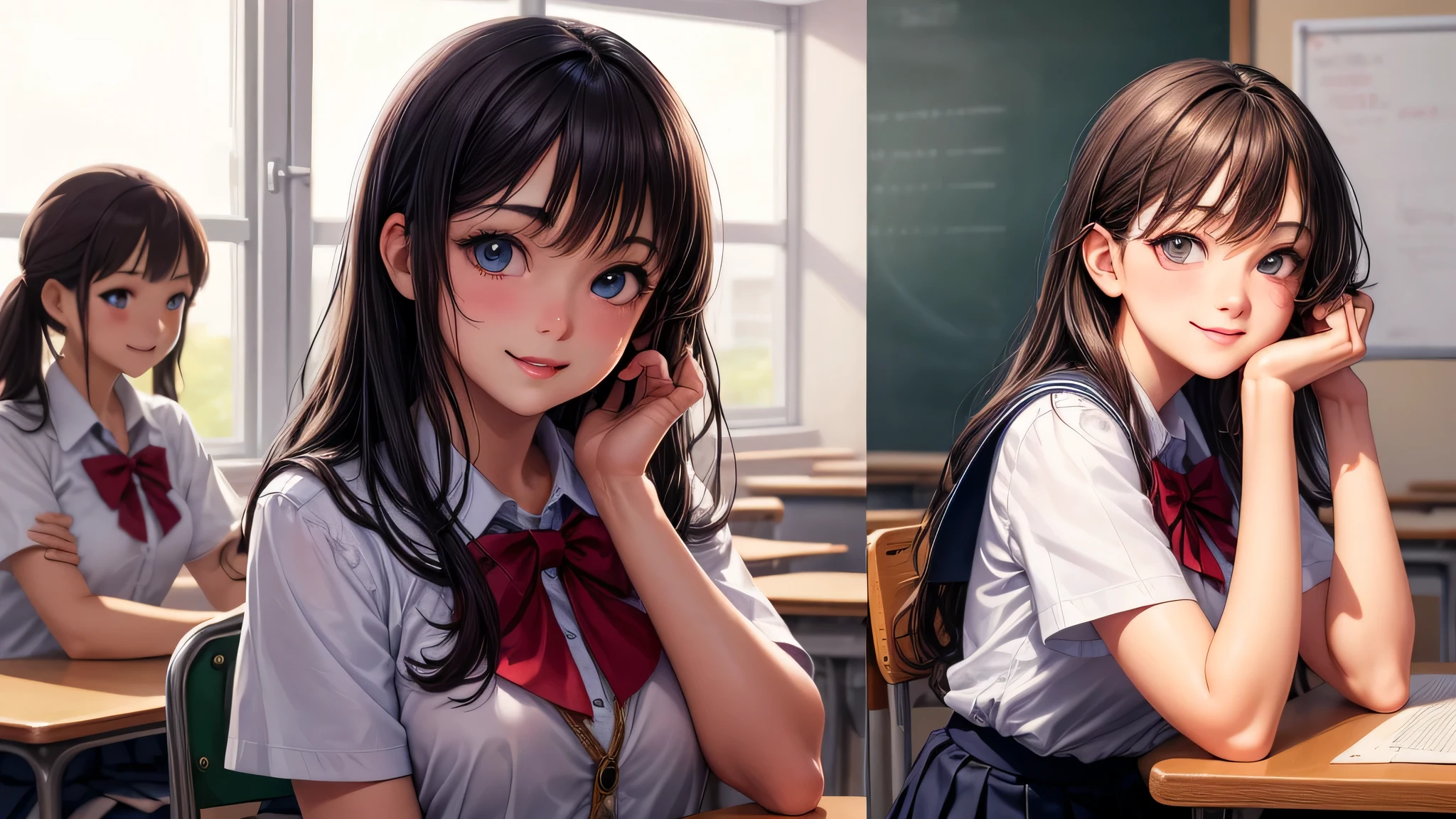 1 girl, very cute face, wonderful face and eyes, Smile, (highly detailed eyes, highly detailed face), Fresh, very beautiful appearance, (surreal, High resolution), (highest quality:1.4), professional photography, (high School uniform, pleated mini skirt:1.2), smile a little, (look at me), (anime illustration), School, classroom,