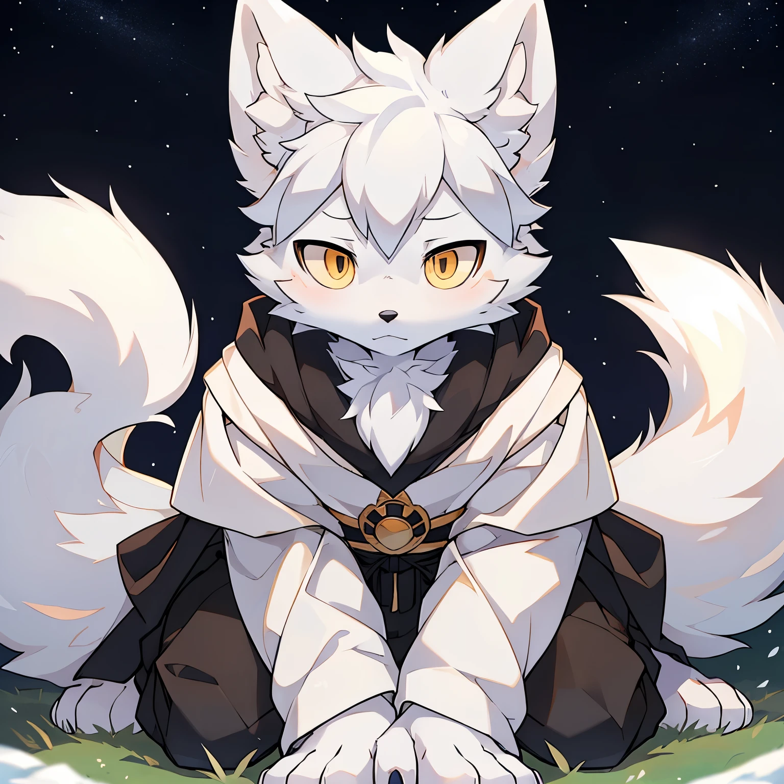 the only person，(male arctic fox:1.5), (white skin:1.3), hairy，(white fur:1.3),((golden pupils)) ,(gray ears),(hairy 动物 耳朵s)，The whole body is covered with hair，Wearing black magician&#39;s robe，black magician pants，Kneel down on one knee on the grass，Behind is a starry sky，facial focus，Detailed face，Detailed eyes，upper part of body