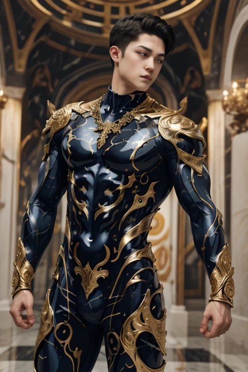 absurdres, intricate details, masterpiece, best quality, high resolution, 8k, 
(1boy:1.3), (marb1e4rmor, marble bodysuit, weapon:1.2), 
looking at viewer, smirk, Manhuanan,
(muscular, large pectorals, abs), shiny white skin, 
detailed face, red eyes, black hair, eye reflection, blue necklace, 
outdoors, (full body:0.8), 
detailed background, cinematic lighting
 