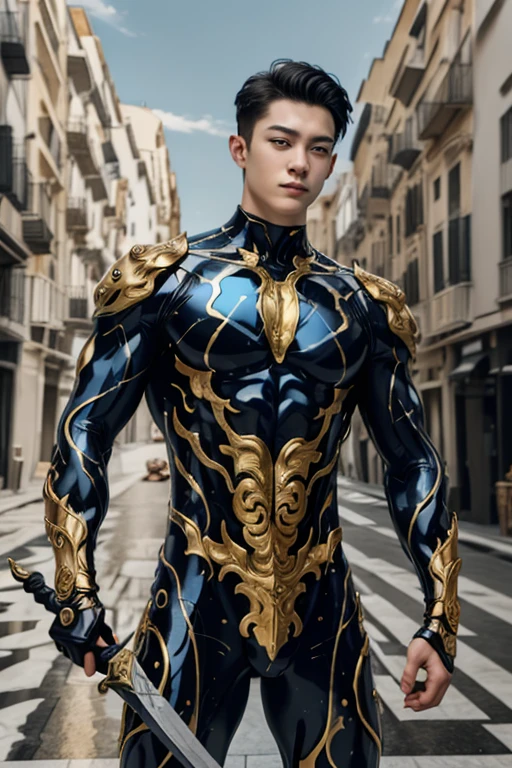 absurdres, intricate details, masterpiece, best quality, high resolution, 8k, 
(1boy:1.3), (marb1e4rmor, marble bodysuit, weapon:1.2), 
looking at viewer, smirk, Manhuanan,
(muscular, large pectorals, abs), shiny white skin, 
detailed face, red eyes, black hair, eye reflection, blue necklace, 
outdoors, (full body:0.8), 
detailed background, cinematic lighting
 