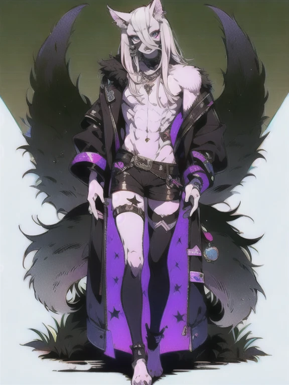 solo, 1boy,「white hair,cerulean blue」long hair,  {{nighthawk mask}},  There&#39;s a man wearing a costume, {fox tail,} {one wing of a crow} Farson!!!!, furry Farson, furry characters, furry anime, Farson, furry paws furry, Furry shots, there is nothing, very hairy, furry artist, upright, [[[Anthropomorphic Nue]]] virtual youtuber, full body