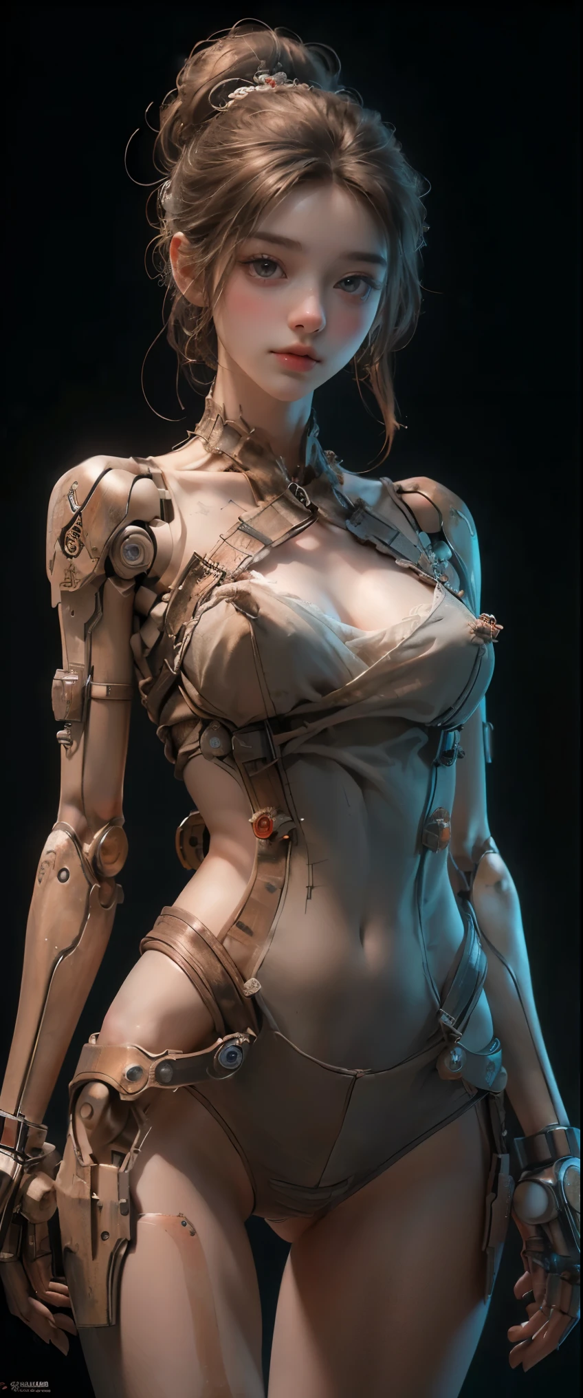 Intricate 3d rendering of highly detailed beautiful female cyborg, beautiful girl face, red hair, human torso, mechanical limbs, 150 mm, beautiful studio soft light, rim light, vibrant details, luxurious cyberpunk, lace, surreal, anatomy, facial muscles, cables wires, microchip, elegant, beautiful background, octane rendering, HR Giger style, 8k, best quality, masterpiece, illustration, very delicate and beautiful, very detailed, CG, unity, wallpaper , (fidelity, fidelity: 1.37), amazing, fine detail, masterpiece, best quality, official art, very detailed cg unity 8k wallpaper, absurd, unbelievably absurd, robot, full body