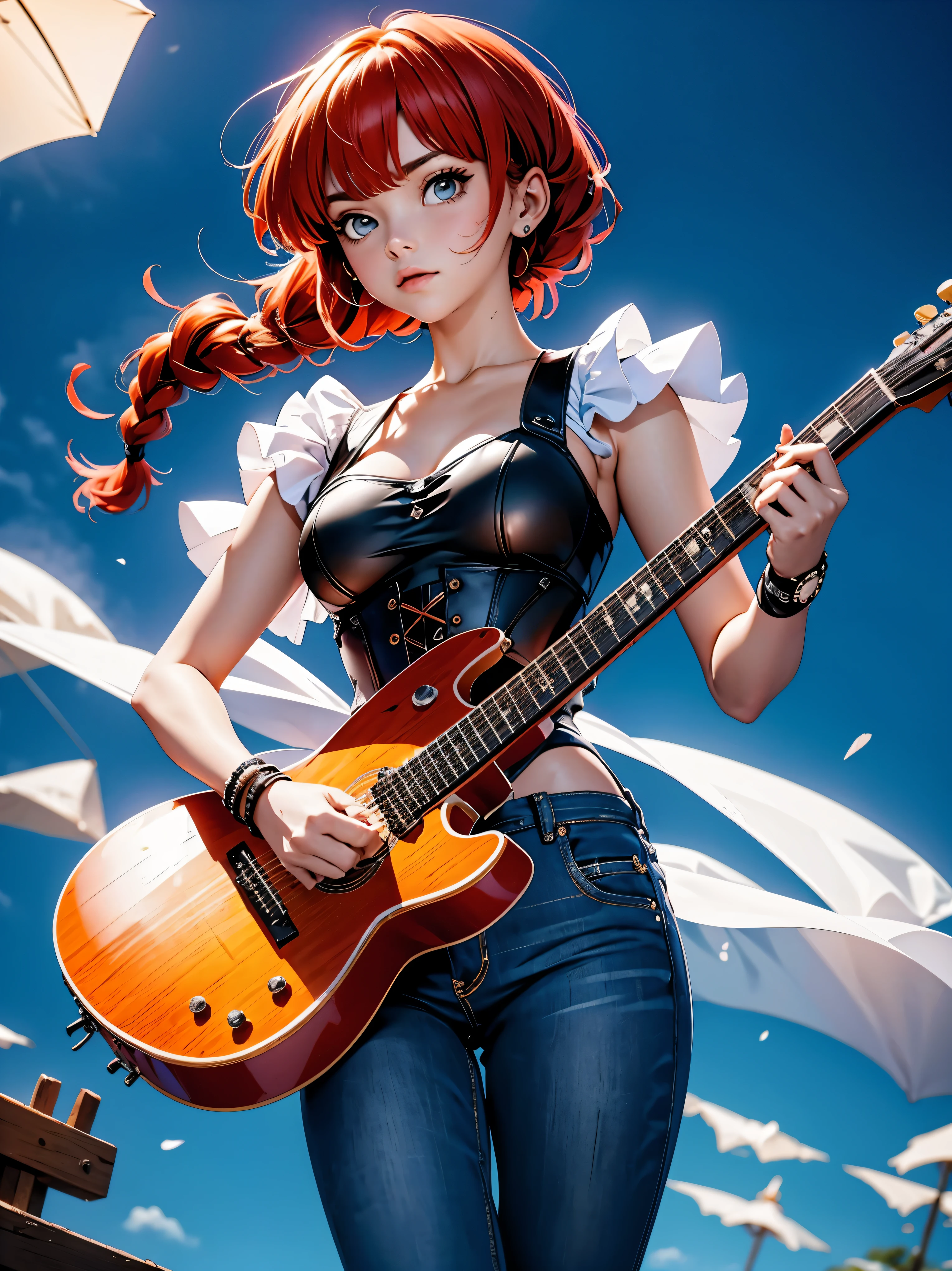 Garota Ruiva de anime guitarrista, guitarist girl em bermuda jeans e corset preto, 15 anos, corpo bonito, seios grandes, tocando guitarra eletrica, estilo heavy metal, tema da banda Iron Maiden, Garota sexy, red hair with braid, beautiful lighting, sombras suaves, olhos azuis, pernas bonitas, hair with braid, estilo anime, Ranma Chan, Autora Rumiko Takahashi, Baseado em obra de Rumiko Takahashi, Anime Ranma 1/ 2, decote sexy, quadril robusto, corpo inteiro, corpo inteiro, busto grande, garota jovem com corpo belo e bonito, sandals on his feet, garota 15 anos jovem baixa estatura, vestindo short jeans e corset, garota anime, estilo anime, beautiful feet in sandals, Front viewing angle 0°, ao ar livre, hair braid vermelho, grande , peito grande, hair braid, garota guitarrista, Heavy metal music, braided hair blown by strong wind, guitar in hands, tocando guitarra
