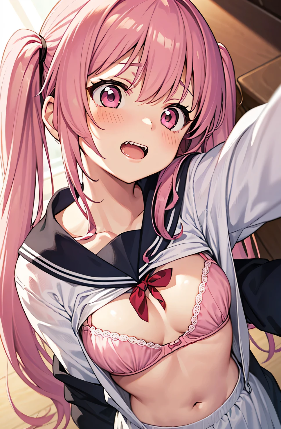 one girl、long twin tails、(pink hair:1.1)、pink eyes,normal breasts,cute face、cute anime illustration、Tsundere、clear eyes、nice、Black hair fastening、,School uniform、of joy、School、upper grade、Composition looking down from above、double teeth、blush all over the face、(Take off your clothes:1.3),pink good