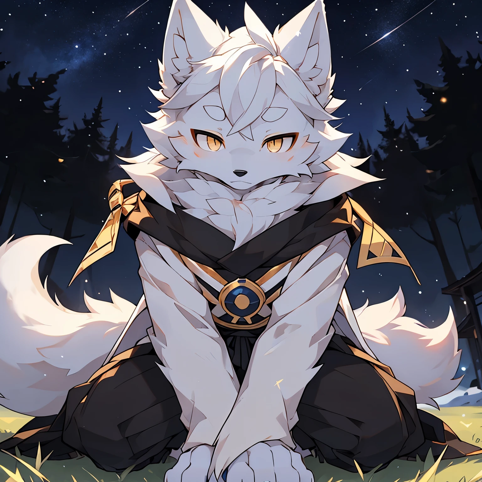 the only person，(male arctic fox:1.5), (white skin:1.3), hairy，(white fur:1.3),((golden pupils)) ,(gray ears),(hairy 动物 耳朵s)，The whole body is covered with hair，Wearing black magician&#39;s robe，black magician pants，Kneel down on one knee on the grass，Behind is a starry sky，facial focus，Detailed face，Detailed eyes，upper part of body，front view