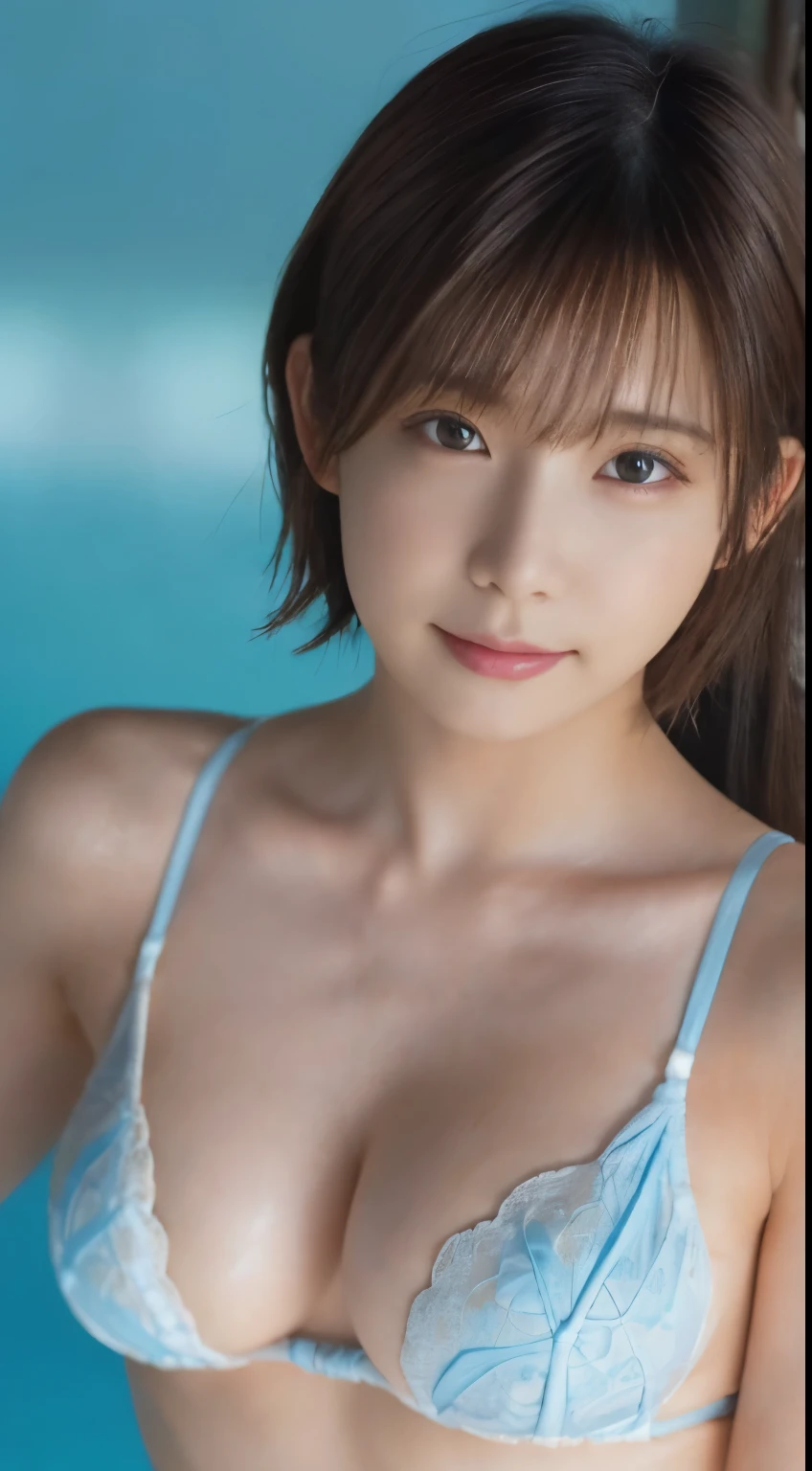 Innocent 20 year old girl、((White and light blue bikini,swim wears,Dramatic poses)),Smile,short-cut,Resort Background,Beach background、Raw photo, (8K、top-quality、​masterpiece:1.2)、(intricate detailes:1.4)、(Photorealsitic:1.4)、octane renderings、Complex 3D rendering ultra detail, Studio Soft Light, Rim Lights, vibrant detail, super detailing, realistic skin textures, Detail Face, Beautiful detail eyes, Very detailed CG Unity 16k wallpaper, make - up, (detailedbackground:1.2), shinny skin, Full body、From head to thigh、cleavage of the breast,((Sleep facing up、Angle looking down from above))