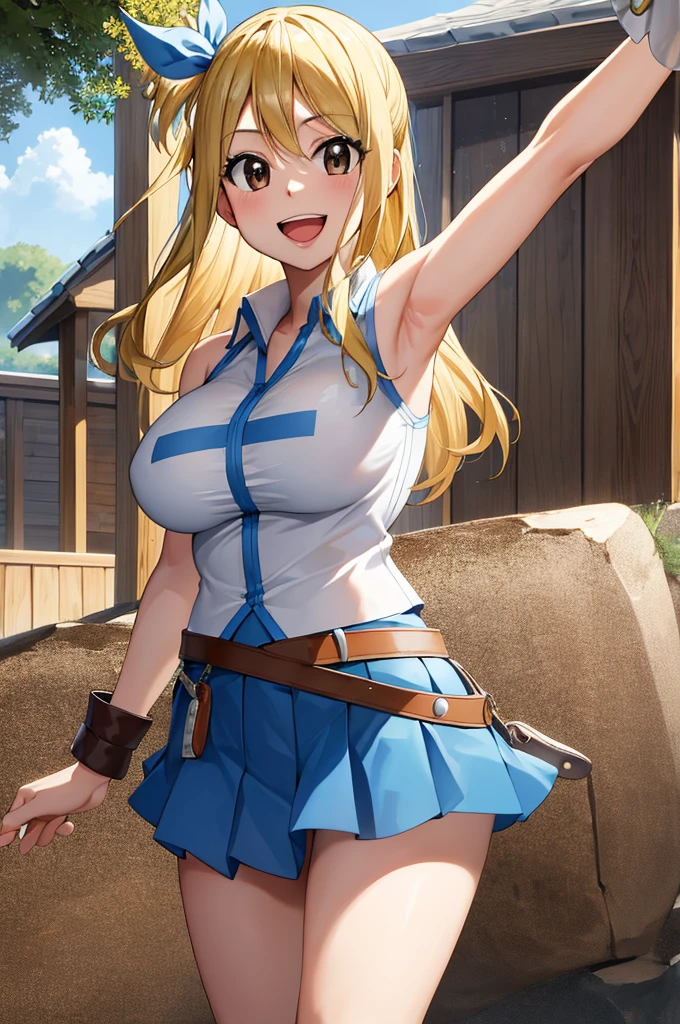 masterpiece, best quality, highres, lucy heartfilia, blonde hair, long hair, large breasts, white shirt, sleeveless, belt, blue skirt, cowboy shot, standing, looking at viewer, outdoors, waving, smile, open mouth,