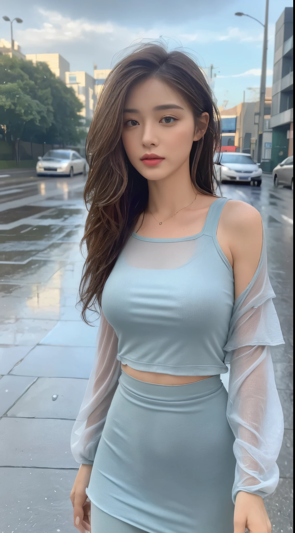 ((best quality, 8k, masterpiece:1.3)), focus: 1.2, perfect body beauty: 1.4, buttocks: 1.2, ((layered hairstyle, : 1.2)), (wet clothes: 1.1) , (rain, street:1.3), tube top dress: 1.1, Highly detailed face and skin textures, exquisite eyes, double eyelids, skin whitening, long hair