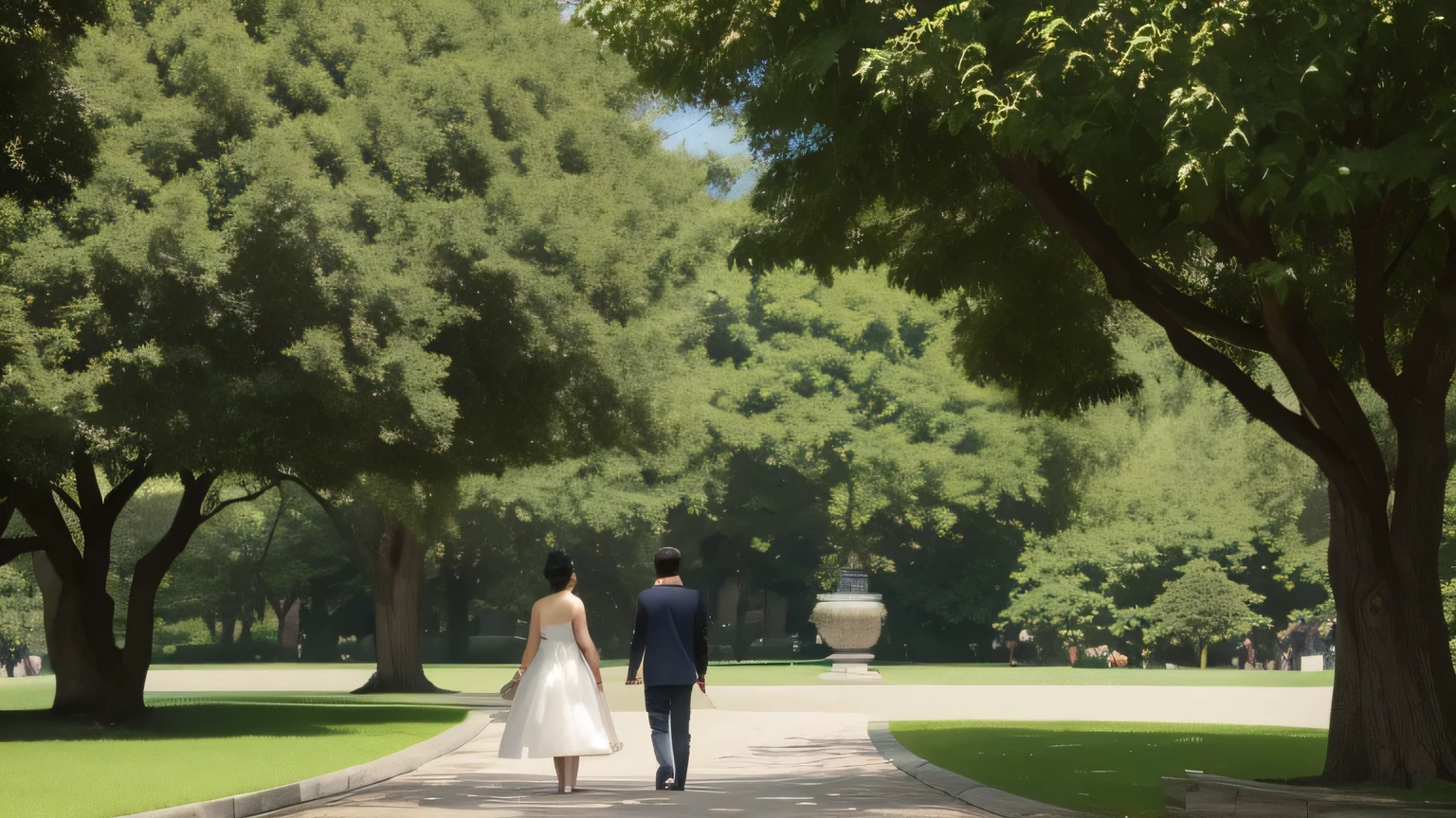 Back view of a pair of Chinese lovers in the park