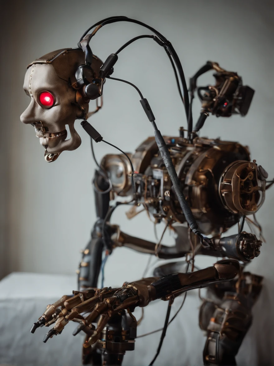 Create a complete mechanical puppet, legs and arms assembled from simulated studio equipment, a pair of headphones, neon eyes, Charming face