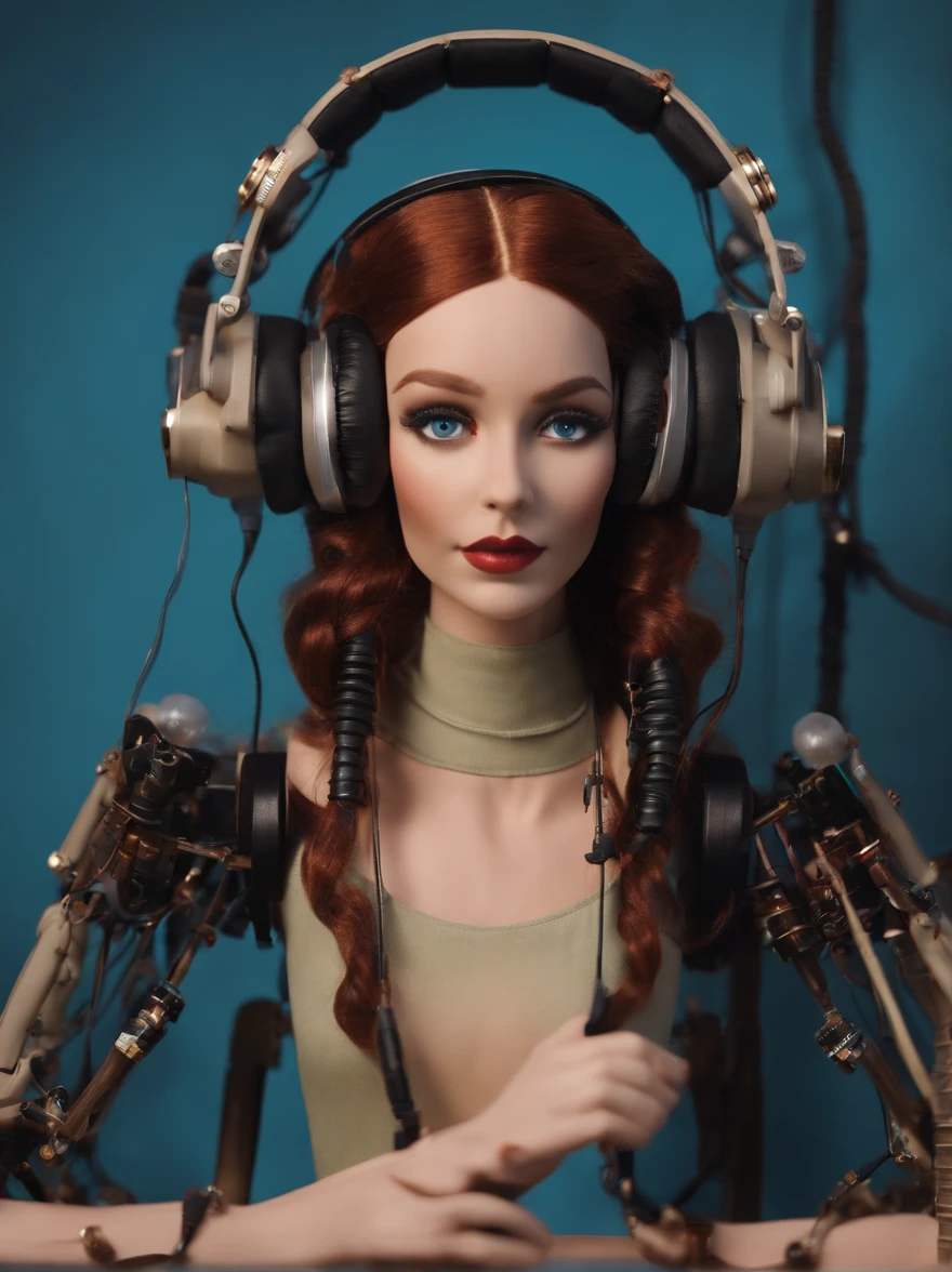 Create a complete mechanical puppet, legs and arms assembled from simulated studio equipment, a pair of headphones, neon eyes, Charming face