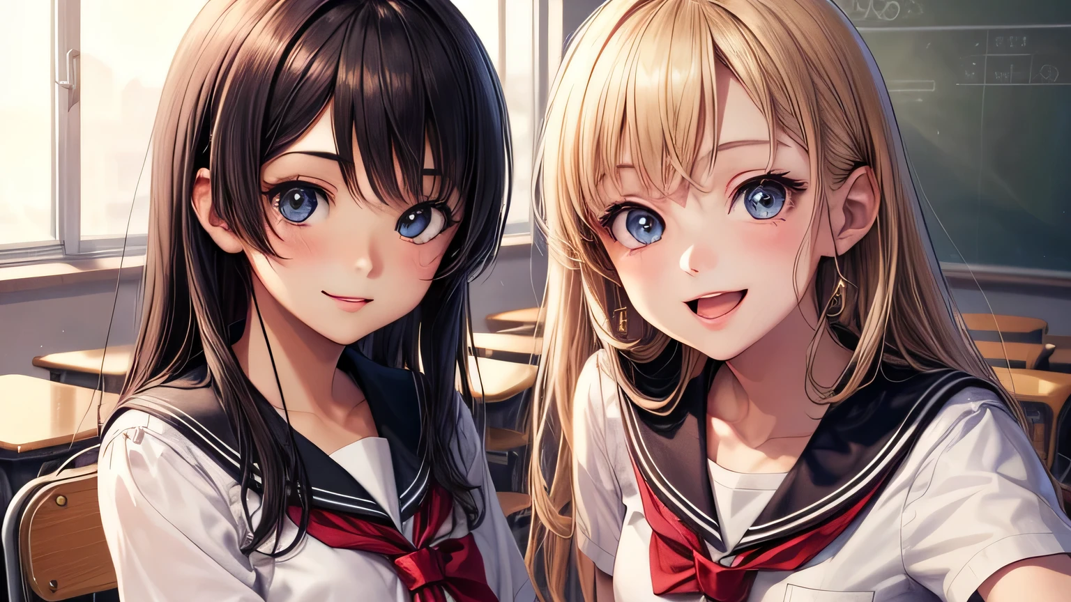 (2 girls), very cute face, wonderful face and eyes, Smile, (highly detailed eyes, highly detailed face), Fresh, (highest quality:1.4), (high School uniform, pleated mini skirt:1.2), smile a little, (look at me), (anime , anime illustration), School, classroom,