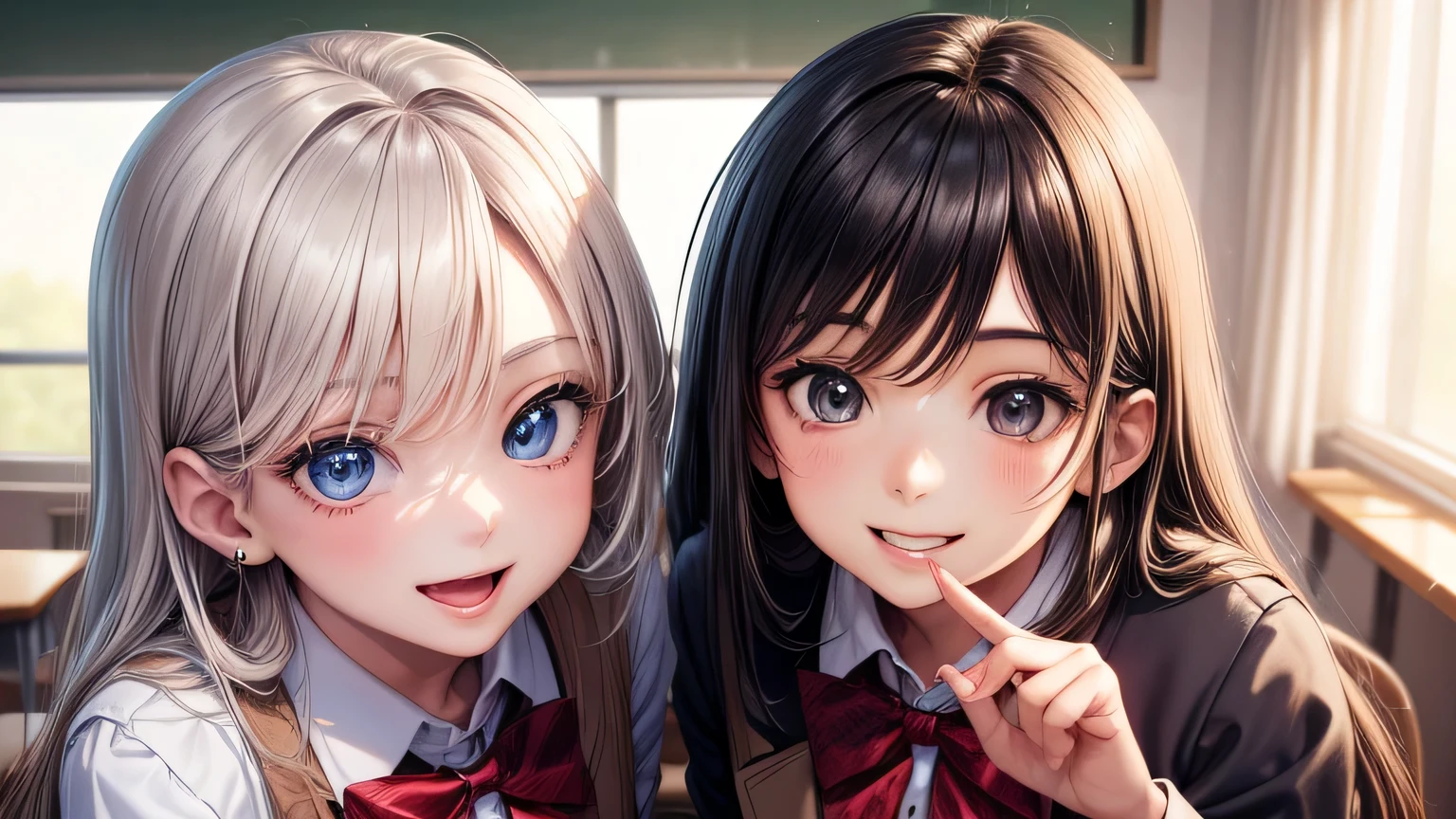 (2 girls), very cute face, wonderful face and eyes, Smile, (highly detailed eyes, highly detailed face), Fresh, (highest quality:1.4), (high School uniform, pleated mini skirt:1.2), smile a little, (look at me), (anime , anime illustration), School, classroom, 