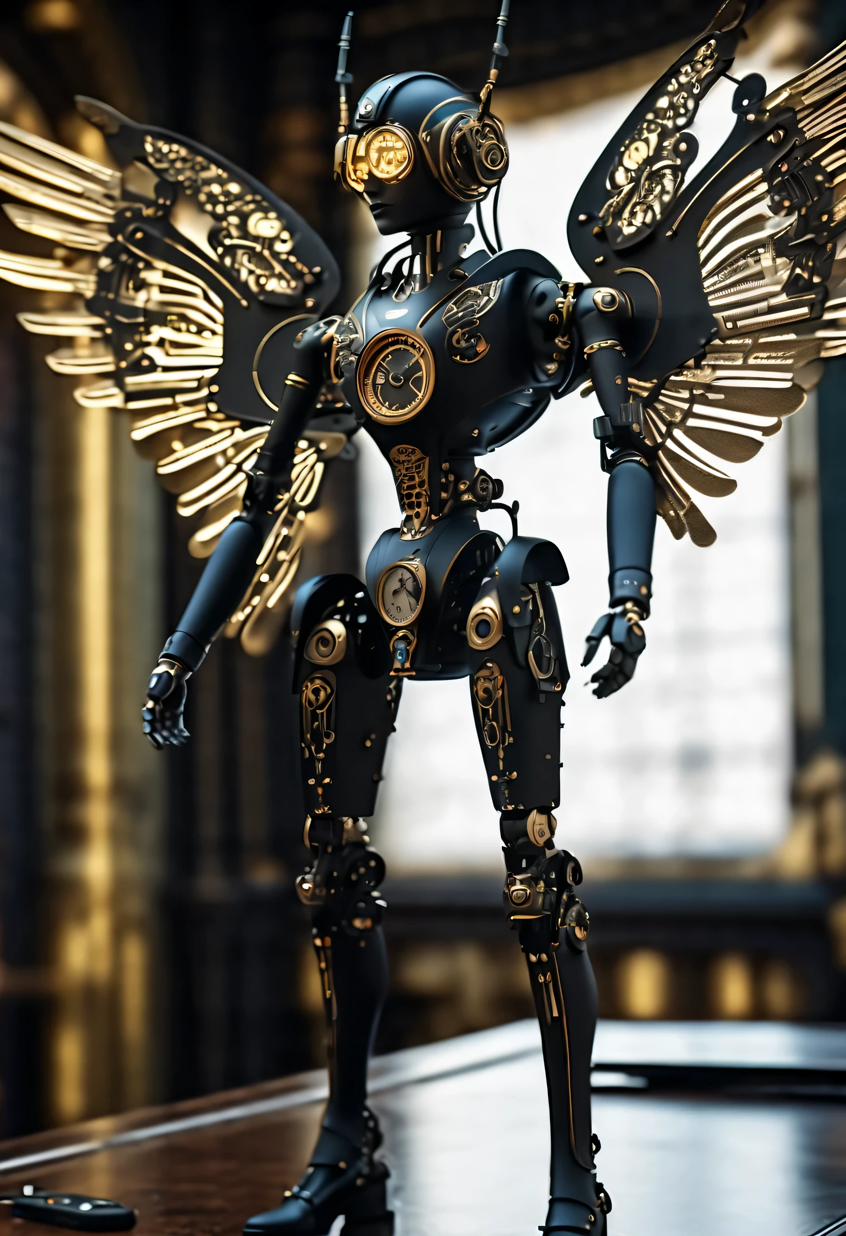 A scene straight out of Cyberpunk with steampunk dreams, A meticulously crafted contraption doll with a matte paint finish stands front and center, doll resembling an angel, Adorned with a futuristic monitor and delicately detailed glass wings that catch the light。, Stunning 3D rendering of matte and intricately detailed puppet designs,  All metal joints and glowing screens are、A visual masterpiece with clever contrast.。, futuristic and fantastic, A masterpiece of intricate mechanical engineering, Clever shadow contrast to highlight great details, Ultra-fine brushwork brings out intricate details, (((Deep matte dark color coating:1.3))), exquisite paintings, (((Amazing mechanical precision and artistry:1.2))), Every tiny detail is rendered in perfect, beautiful quality..