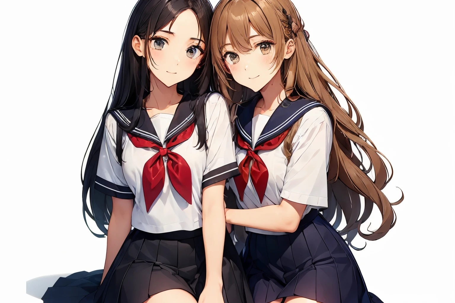 (2girls),chyuri,((cuddling)),touch each other,friendly couple,(smile),full body,Japanese high school student, short sleeve sailor school uniform,
