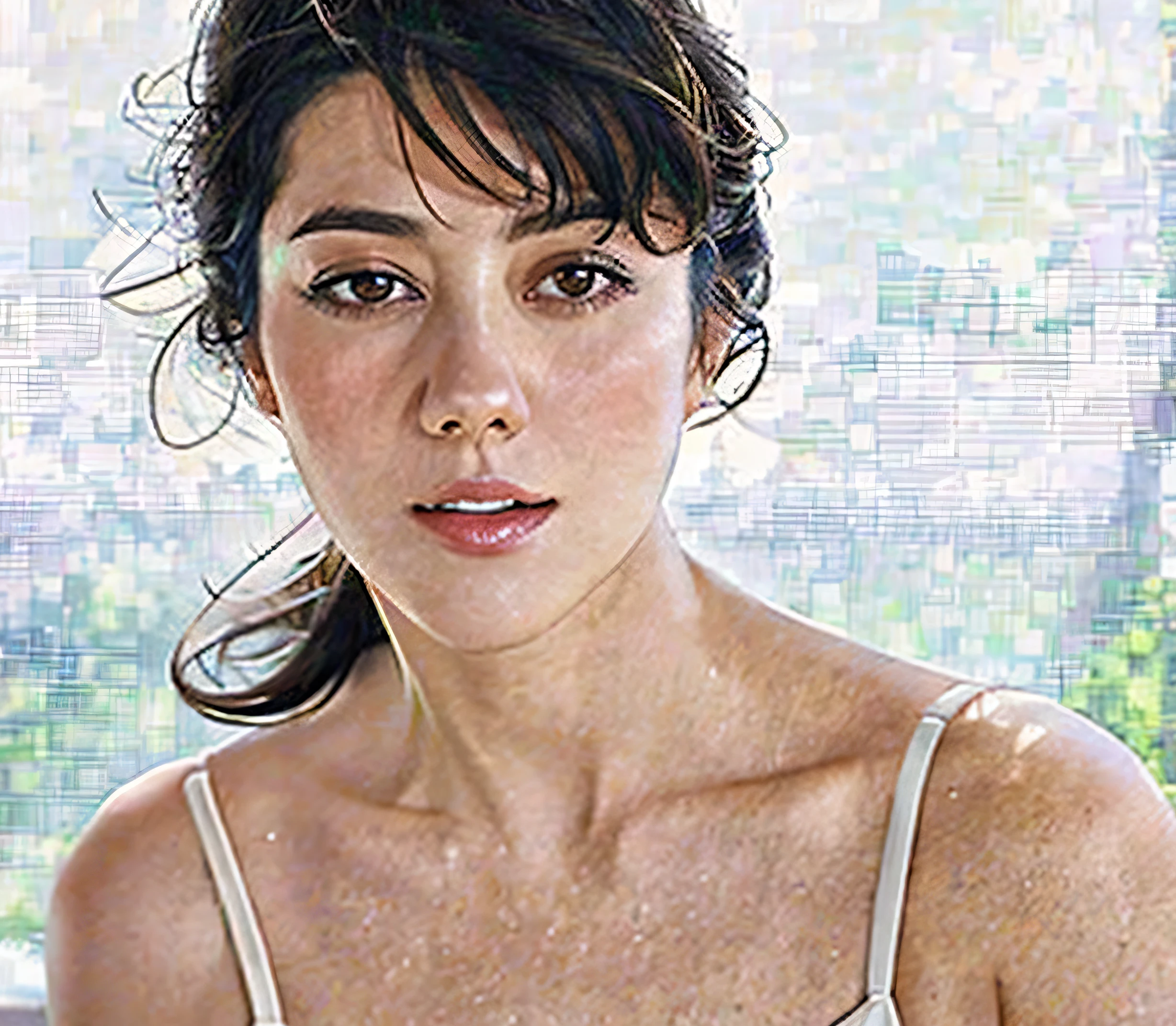 There is a woman wearing a white top and white clothes, Aubrey Plaza, Arab young Monica Bellucci, Song Hye Kyo, attractive female face!!!, sharp beautiful face, attractive beautiful face, female beautiful face, Stoya, Beautiful Korean woman, Asian beautiful face, mary elizabeth winstead, actress from korea, Natasha Tan Maciej Kuciara,backlight,front