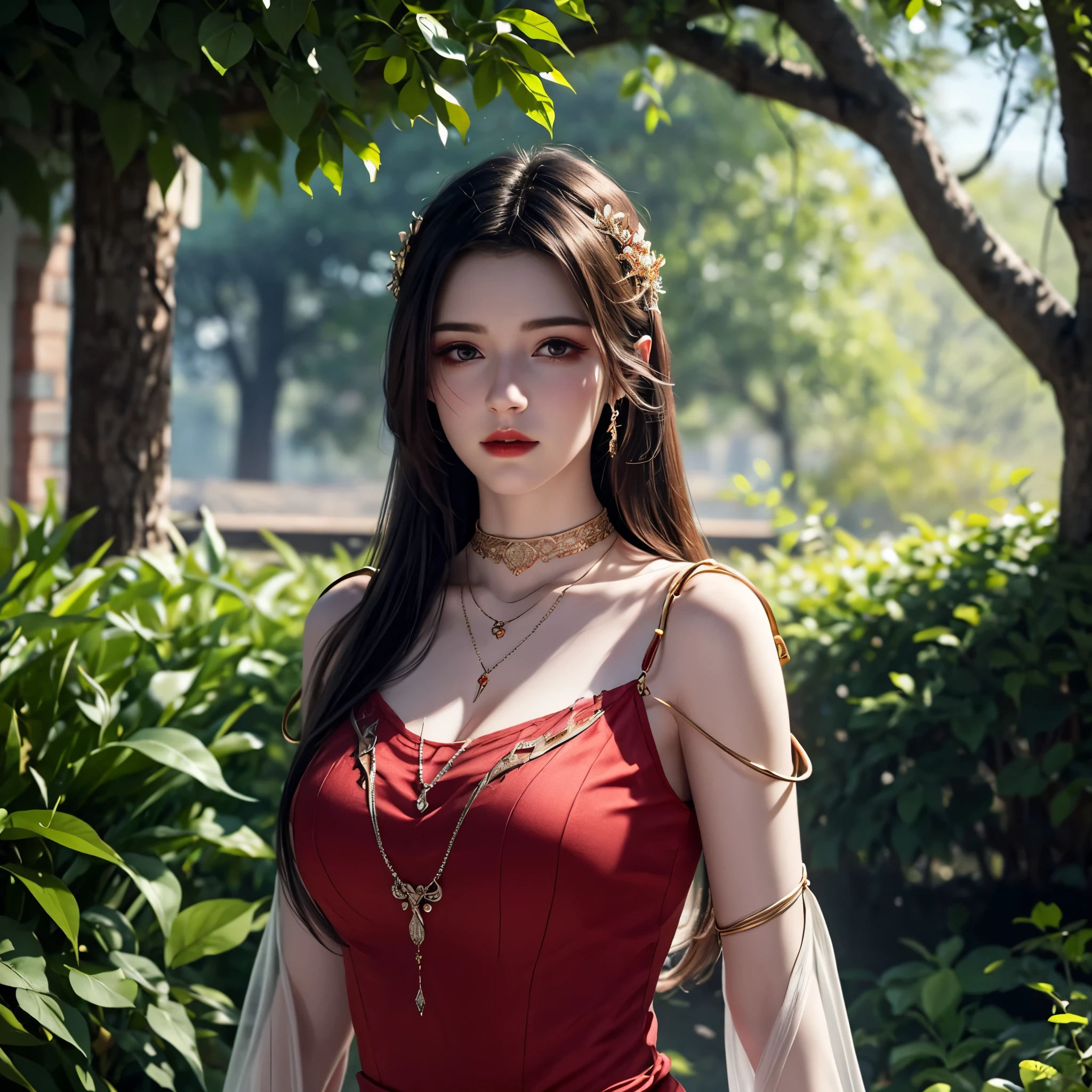 Beautiful  young girl looking at viewer wearing red top dress, in garden, realistic graphics, wearing a beautiful necklace, wavering at viewer, nice figure, beautiful organic photography  ,graphic focus on girl at the center of graphics photoshot ,red colors dress ,wavering at viewer, 