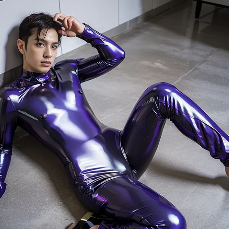 A male youth in a shiny purple suit sits on the floor, latex shiny, wearing atsuko kudo latex outfit, wearing tight suit, smooth purple skin, Purple body, shiny metallic glossy skin, shiny plastic, futuristic glossy latex suit, shiny plastic armor, Glossy glossy skin, tight full body suit, Wearing latex, shiny and metallic, glowing purple, Glossy spread their leg-shaped legs Angry expressions sullenness