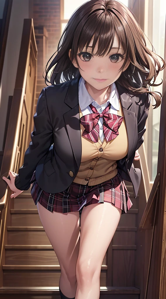 ((masutepiece, Best Quality, hight resolution, nffsw, Perfect Pixel,  4K, nffsw, nffsw))), 1girl in, Single, Solo, Beautie、full body seen、 ((Middle Wave Hair, Bangs, Brown hair)), ((Brown-eyed, Beautiful eyelashes, Realistic eyes)), ((Detailed face, Blushing:1.2)), ((Smooth texture:0.75, Realistic texture:0.65, Photorealistic:1.1, Anime CG style)), medium breasts, Dynamic Angle, Perfect body,  ((red bowtie, School uniform, Black jacket, Open jacket, Brown cardigan, White shirt, Black skirt, plaid skirts)), City staircase、Looking up from the bottom of the stairs、Very embarrassing panic smile, turned around、bending forward、(The wind flipped my skirt and exposed my butt........................、Touching the buttocks with both hands、Pink floral lace panties)、