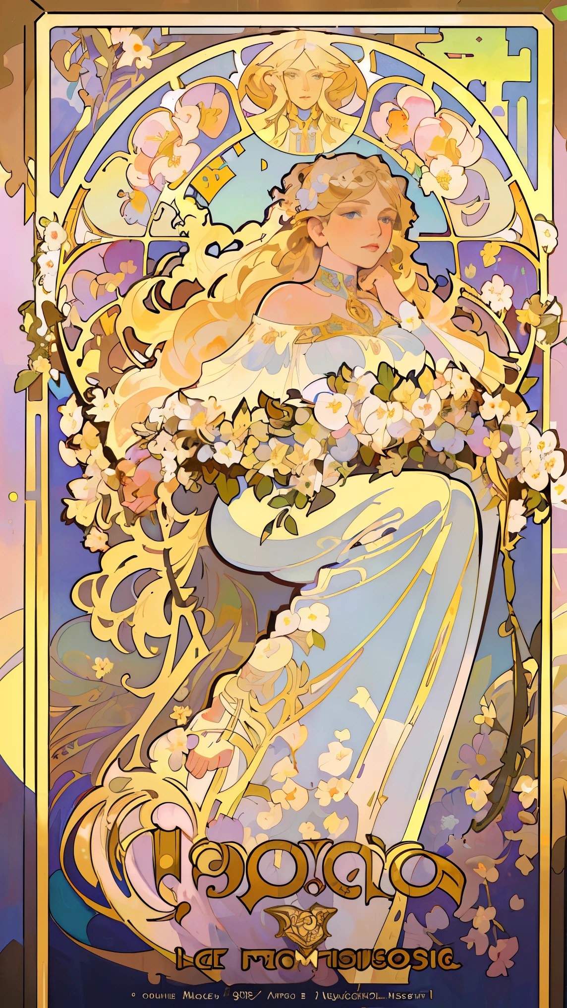 masterpiece, art deco, European woman's face portrait, long curly hair, blonde, flower frame, decorative panel, Alphonse Mucha (masterpiece, highest quality, high resolution: 1.4), detailed, intricate details, 4K, color splash, flowers