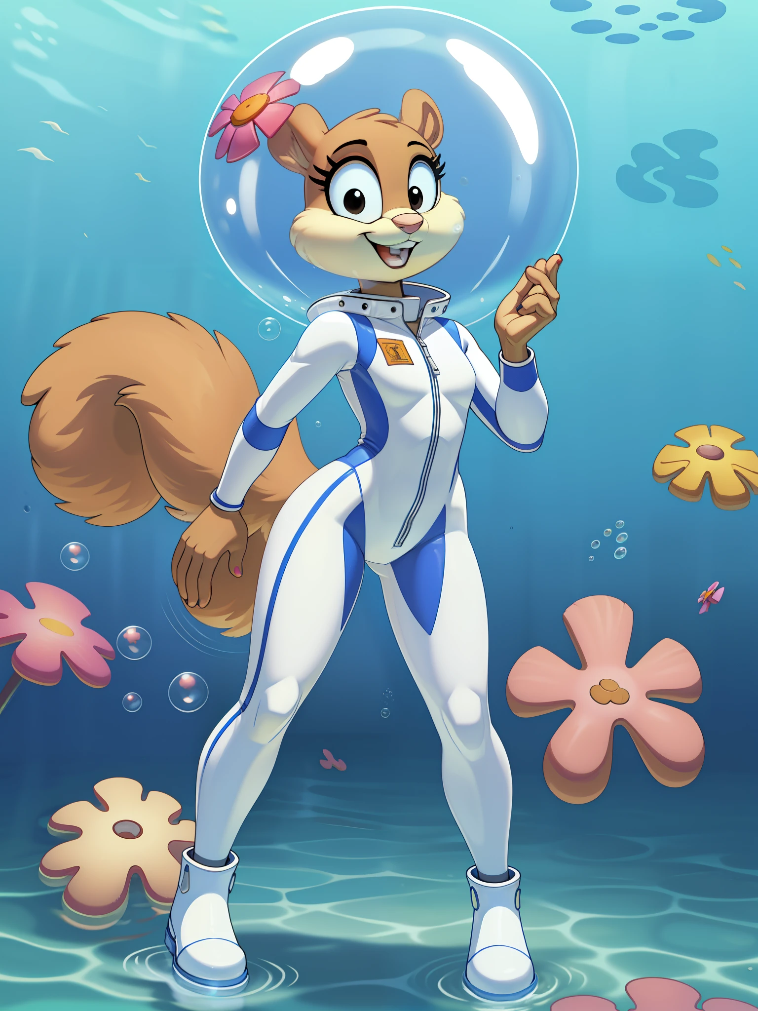 Best quality, Masterpiece:1), solo, fluffy female with sandy cheeks, Squirrel Girl, full length, очень slim, god, thin thighs, Slim body, athletic body, Very narrow hips, open mouth, serious look, smile, floats, in move, Floats, smile, bubble helmet, flower on the helmet, bare teeth, runs, on the run, blurred background, поза on the run, gym clothes, serious face, Small thighs, slim, Black eyes, Under the water, Bubbles, (blue sky, coral clouds in the background:1.1), white diving suit, tight suit, white suit boots, fully enclosed body, tight-fitting suit, All-white suit, only white, nothing but white, a lot of white, solid white color, Under the water, among the reefs, floats Under the water