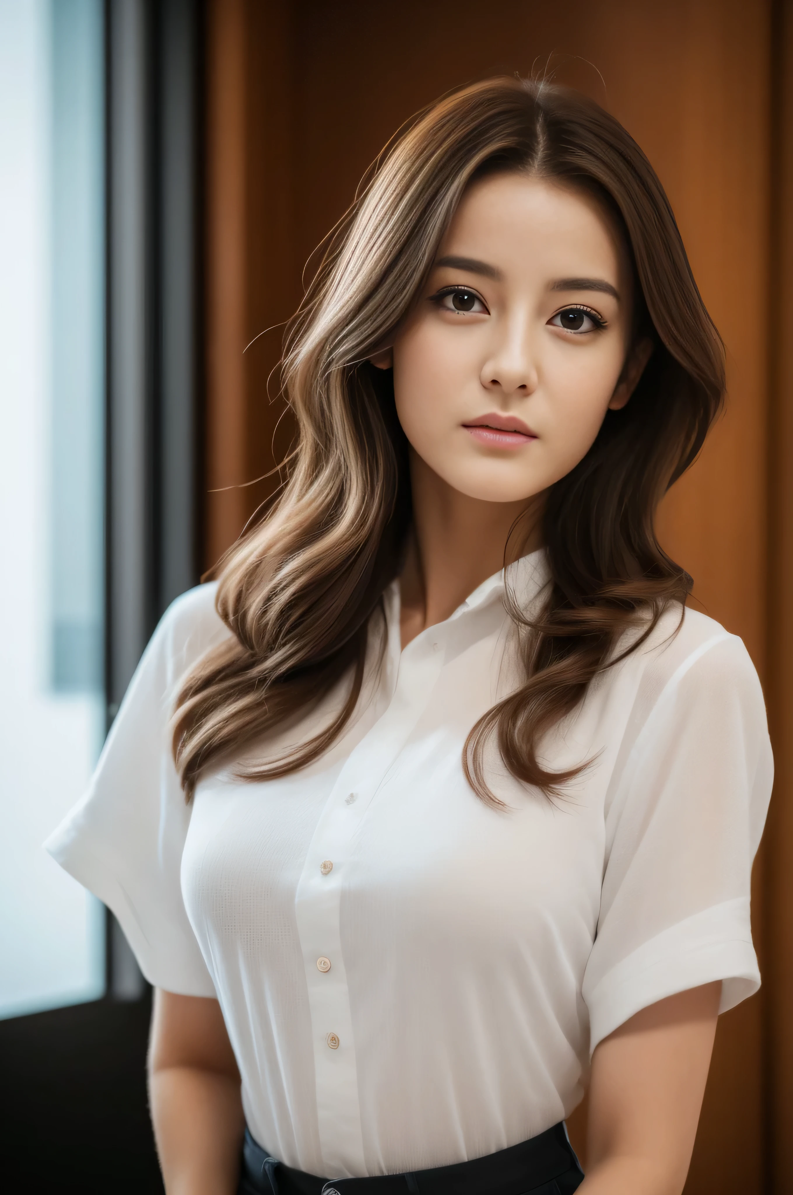 - [ ] photorealistic:1.37, masterpiece, best quality, raw photo, absurdres, uhd, 1girl, wavy hair, brown hair, seductive , looking at viewer, in the large meeting room of the office in the high tower office building in  Tokyo ,Tokyo tower,intricate detail, detailed background, detailed skin, pore, highres, hdr , presentation to ten men , beautiful model, soft light to the face,JP_MODELS,white shirts uniform , midium breasts, a 30 yo woman