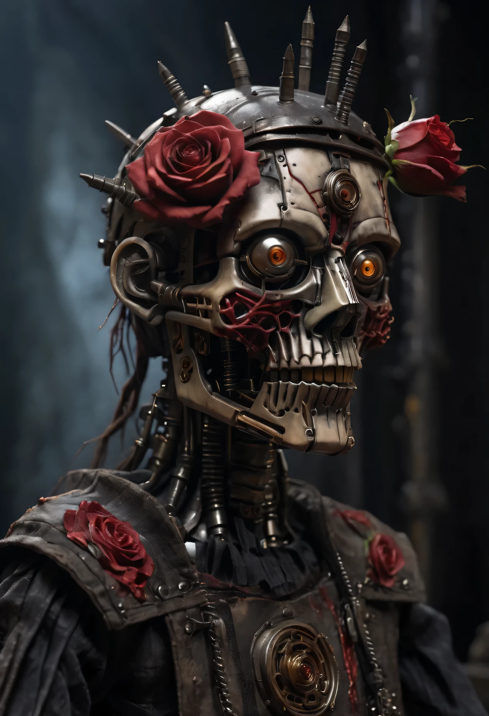 Mechanical puppets，Acrylic painting style, robot character, Beautiful and meticulous，Blake style，Gothic transparent face closeup，Hell blood donation rose sword