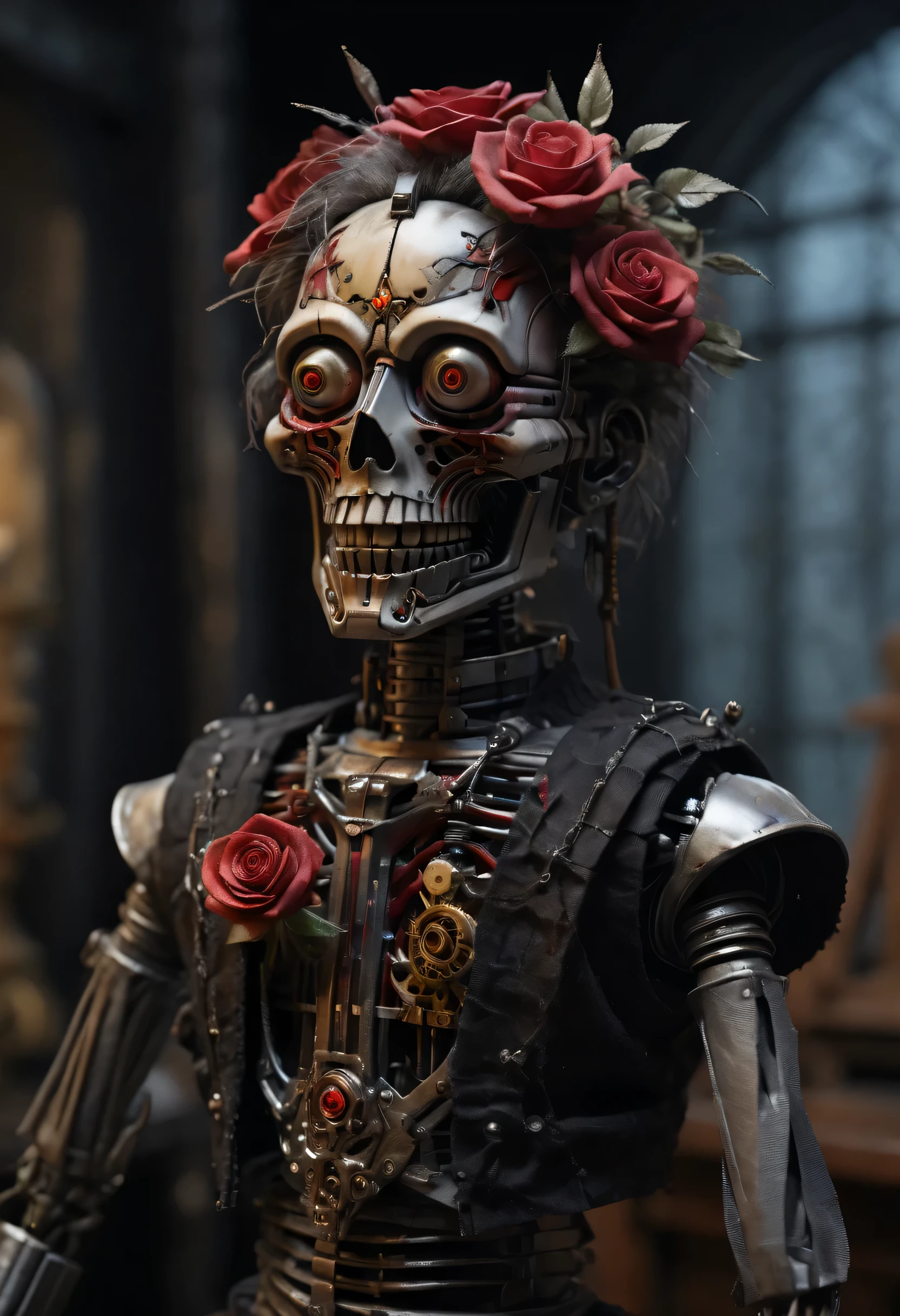 Mechanical puppets,Acrylic painting style, robot character, Beautiful and meticulous,Blake style,Gothic transparent face closeup,Hell blood donation rose sword