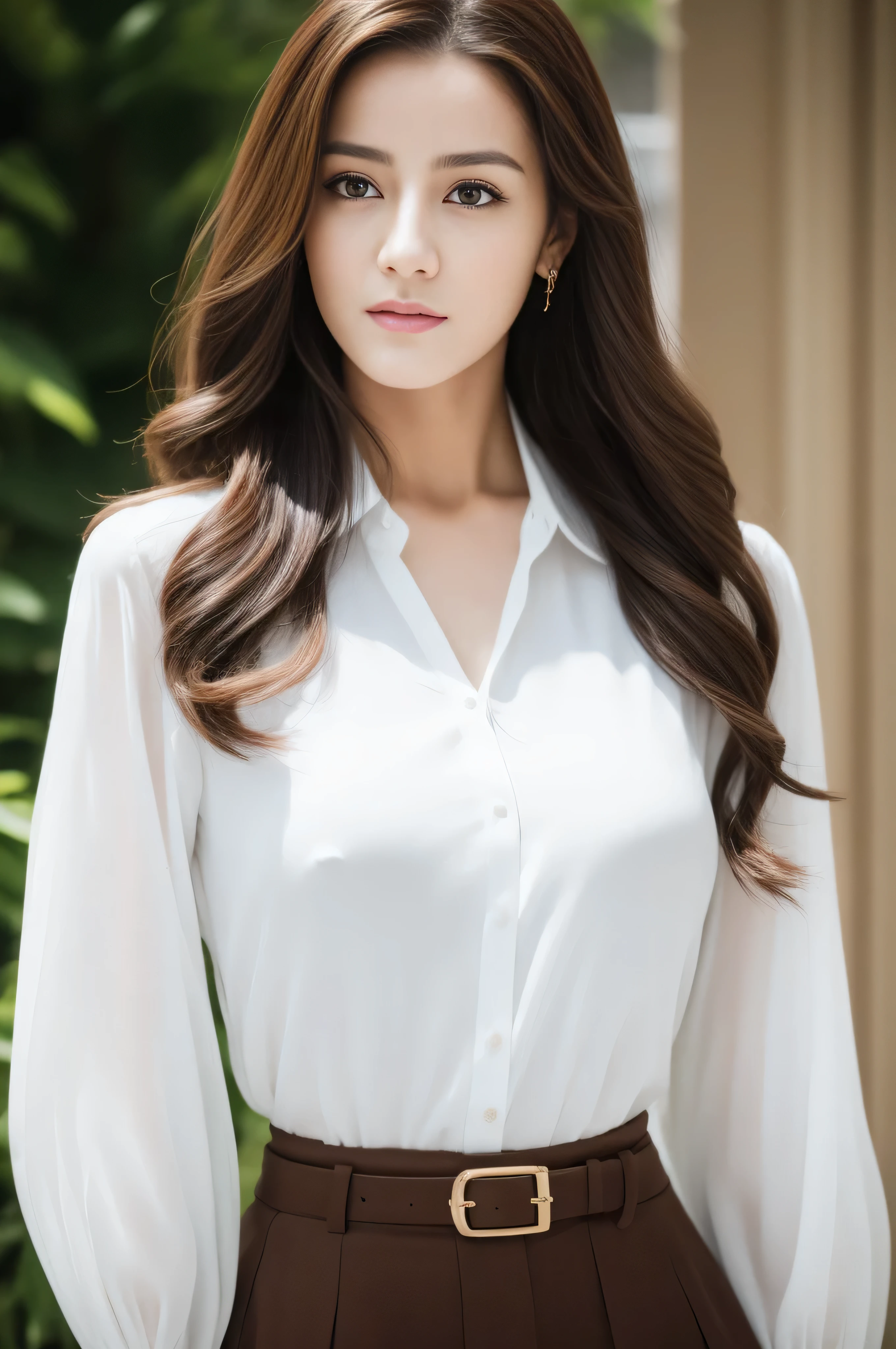 - [ ] photorealistic:1.37, masterpiece, best quality, raw photo, absurdres, uhd, 1girl, wavy hair, brown hair, seductive , looking at viewer, detailed skin, pore, highres, hdr , beautiful model, soft light to the face,JP_MODELS,white shirts uniform , midium breasts, a 30 yo woman,Wearing an elegant blouse, Wearing an ultra-thin blouse,Blouses and skirts, Wearing a silk blouse, wear a shirt and skirt, 