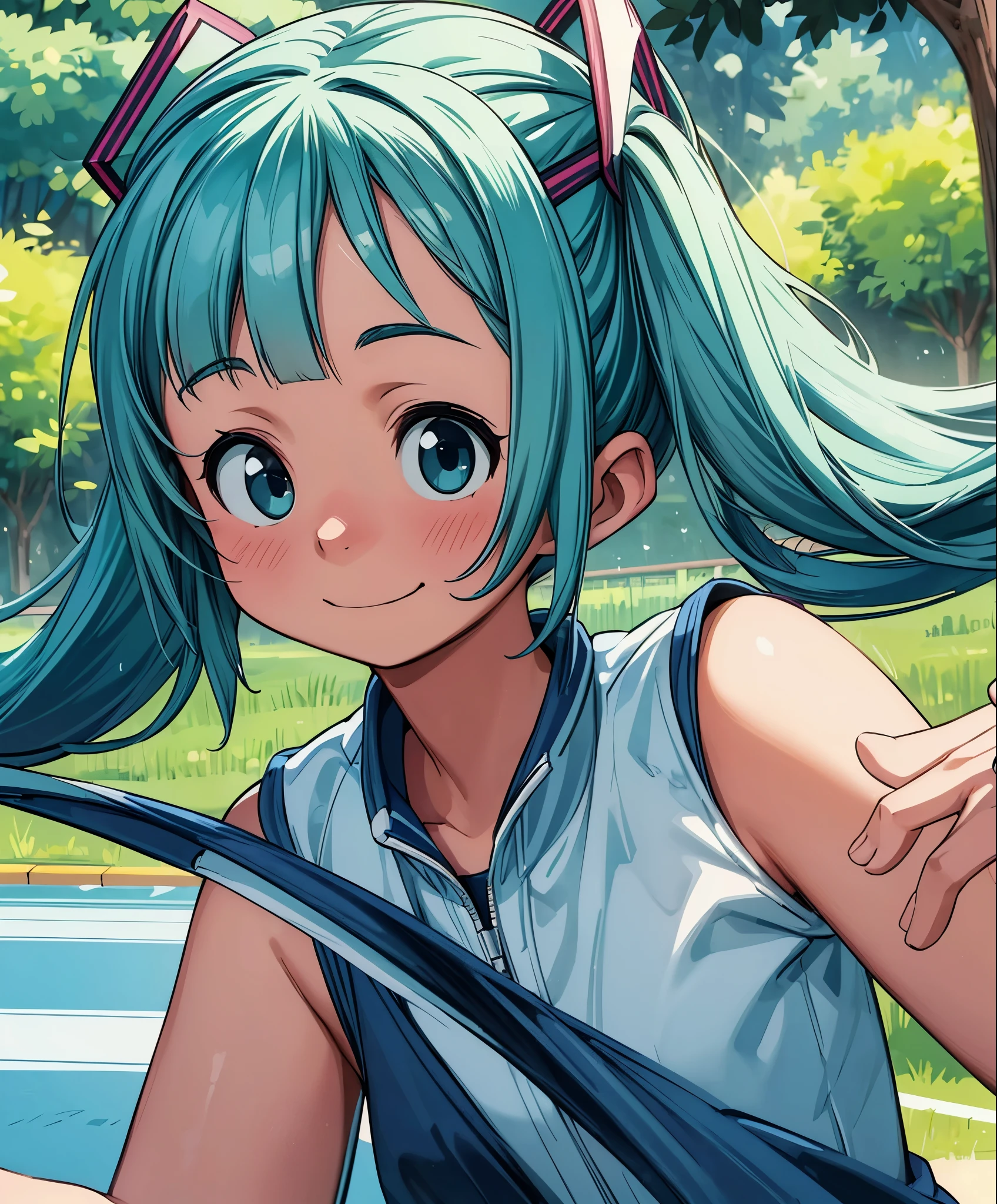 (masterpiece、highest quality、highest quality、official art、beautiful beautiful:1.2)、(1 girl:1.3)Hatsune Miku、twin tails,table top, highest quality, 8k_wallpaper, (beautiful eyes), ((cute)), cute, (Lovely), (Please park on sunny days),1 girl,,1 ,standing girl,smile,close up of face、Portrait(((run a marathon)))、(((jogging)))、((track and field uniforms))