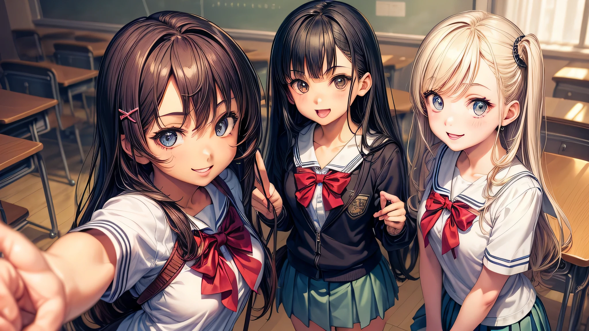 (2 girls), very cute face, wonderful face and eyes, Smile, (highly detailed eyes, highly detailed face), Fresh, (highest quality:1.4), (high School uniform, pleated mini skirt:1.2), smile a little, (look at me), (anime , anime illustration), School, classroom,