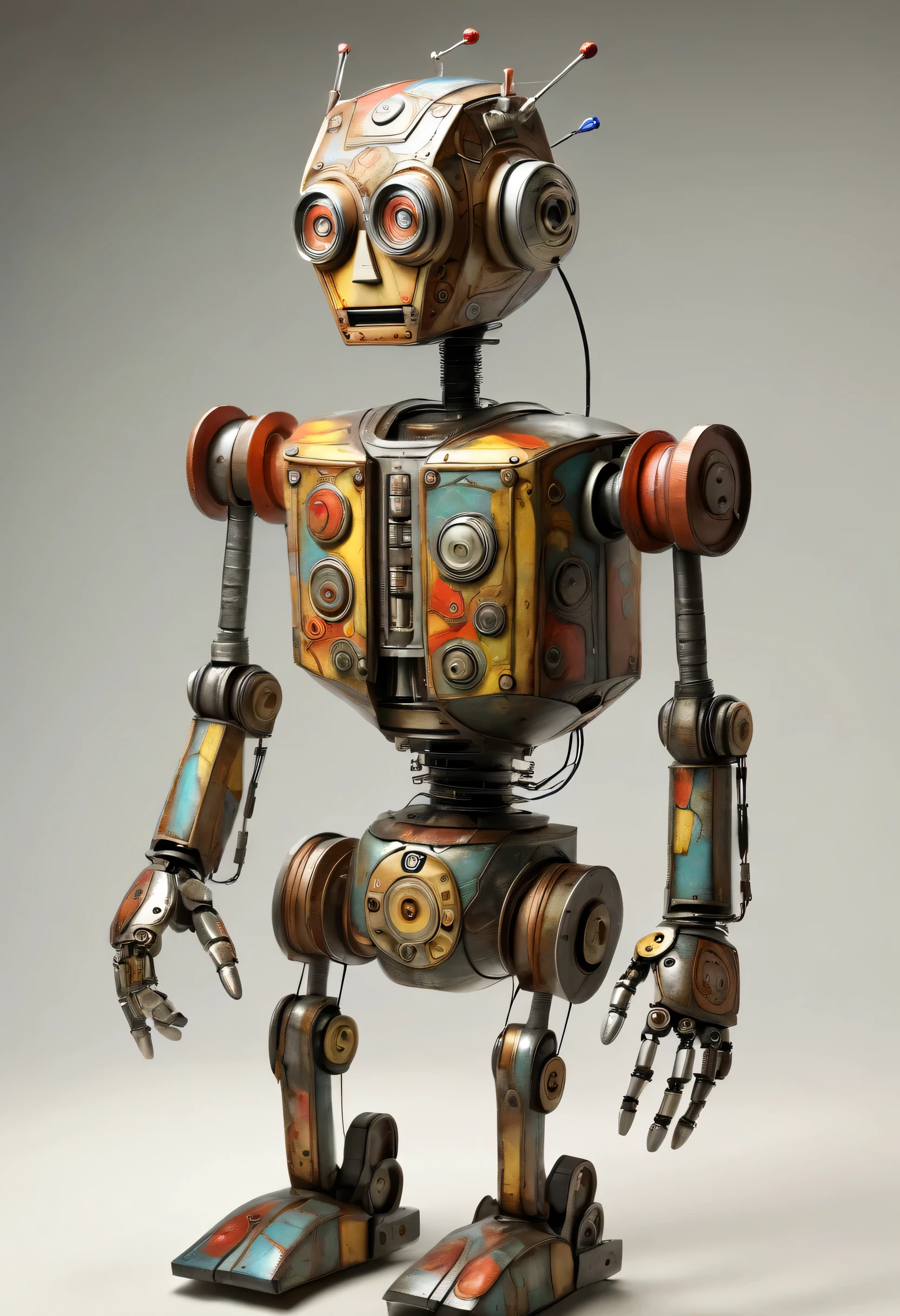 Mechanical puppets，whole body，Acrylic painting style, robot character, Beautiful and meticulous