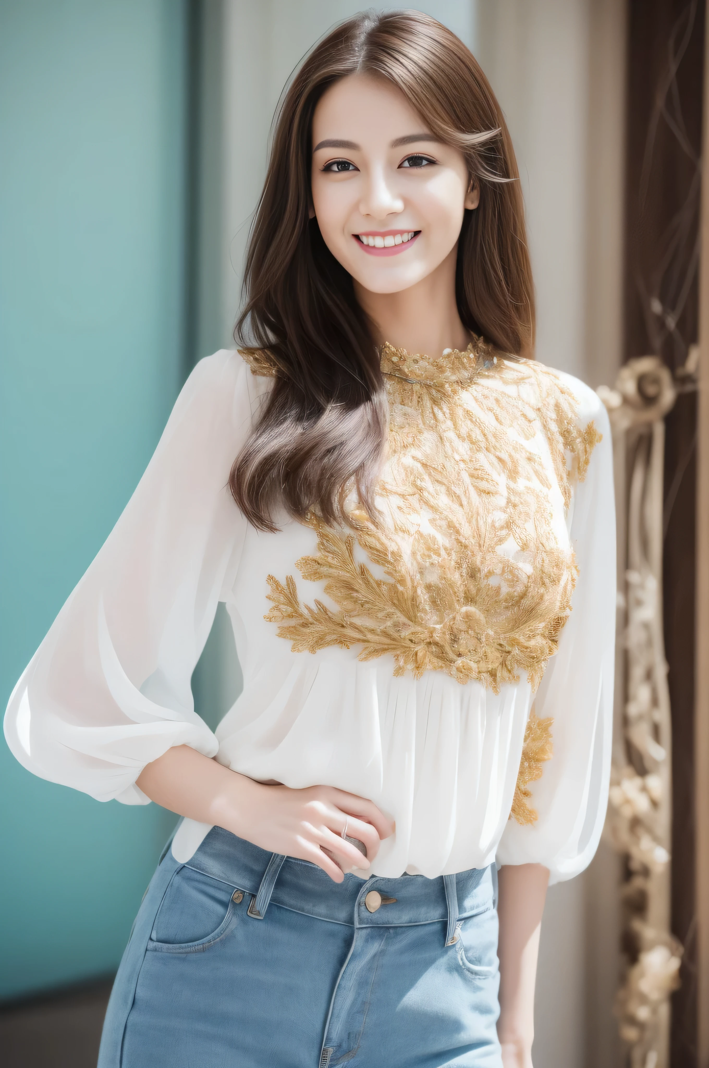 photorealistic:1.37, masterpiece, best quality, raw photo, absurdres, uhd, 1girl, wavy hair, brown hair, seductive , looking at viewer, detailed skin, pore, highres, hdr , beautiful model, soft light to the face,JP_MODELS,midium breasts, a 30 yo woman,Wearing an elegant blouse, Wearing an ultra-thin blouse,Blouses and skirts, Wearing a silk blouse, wear a shirt and skirt,shy smile,fullbody shot、((full figure supermodel standing, entire body in frame))