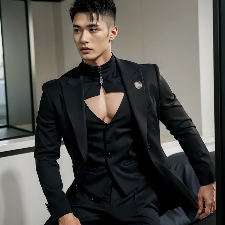 2man, masculine man, black hair, muscular man, futuristic clothes, tight suit, black suit, military suit, charming, bare chest, puffy nipples , swollen nipples , abs, nsfw , eroticism