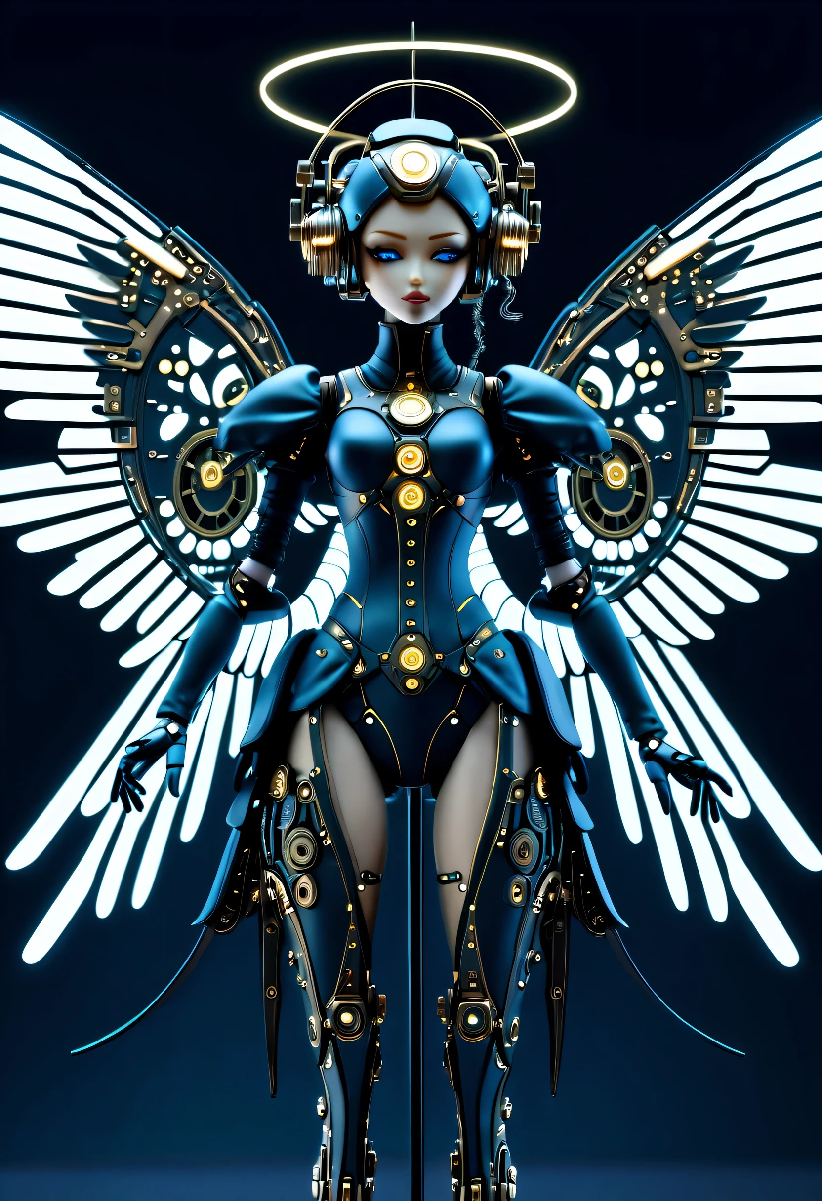 A scene straight out of Cyberpunk with steampunk dreams, A meticulously crafted contraption doll with a matte paint finish stands front and center, doll resembling an angel, Adorned with a futuristic monitor and delicately detailed glass wings that catch the light。, Stunning 3D rendering of matte and intricately detailed puppet designs,  All metal joints and glowing screens are、A visual masterpiece with clever contrast.。, futuristic and fantastic, A masterpiece of intricate mechanical engineering, Clever shadow contrast to highlight great details, Ultra-fine brushwork brings out intricate details, (((Deep matte dark color coating:1.3))), exquisite paintings, (((Amazing mechanical precision and artistry:1.2))), Every tiny detail is rendered in perfect, beautiful quality..