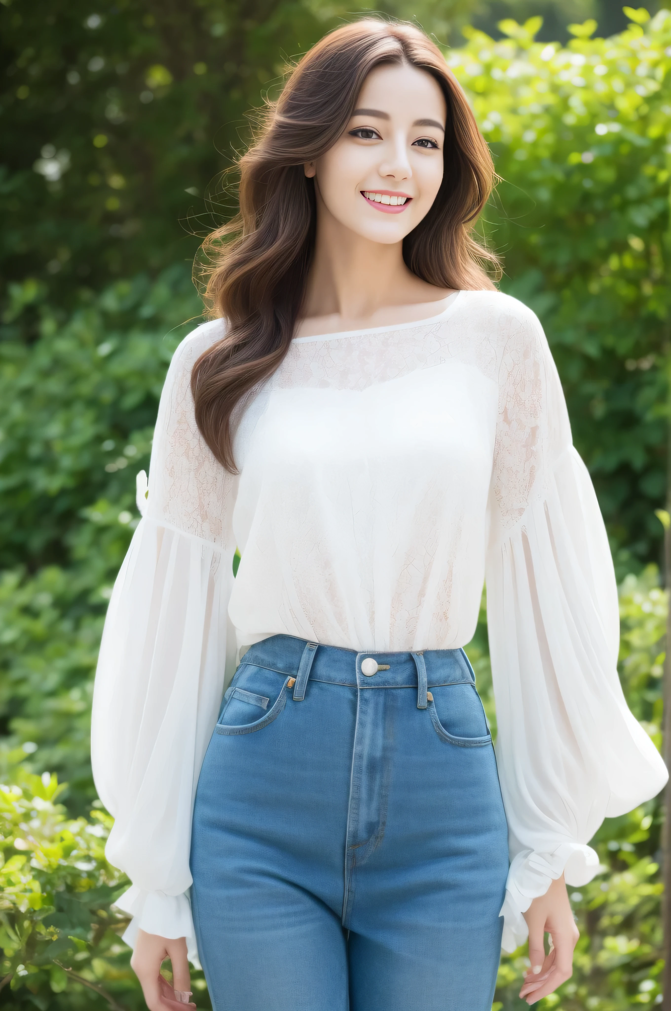 photorealistic:1.37, masterpiece, best quality, raw photo, absurdres, uhd, 1girl, wavy hair, brown hair, seductive , looking at viewer, detailed skin, pore, highres, hdr , beautiful model, soft light to the face,JP_MODELS,midium breasts, a 30 yo woman,Wearing an elegant blouse, Wearing an ultra-thin blouse,Blouses and , Wearing a silk blouse, wear a shirt and skirt,shy smile,fullbody shot、((full figure supermodel standing, entire body in frame))
