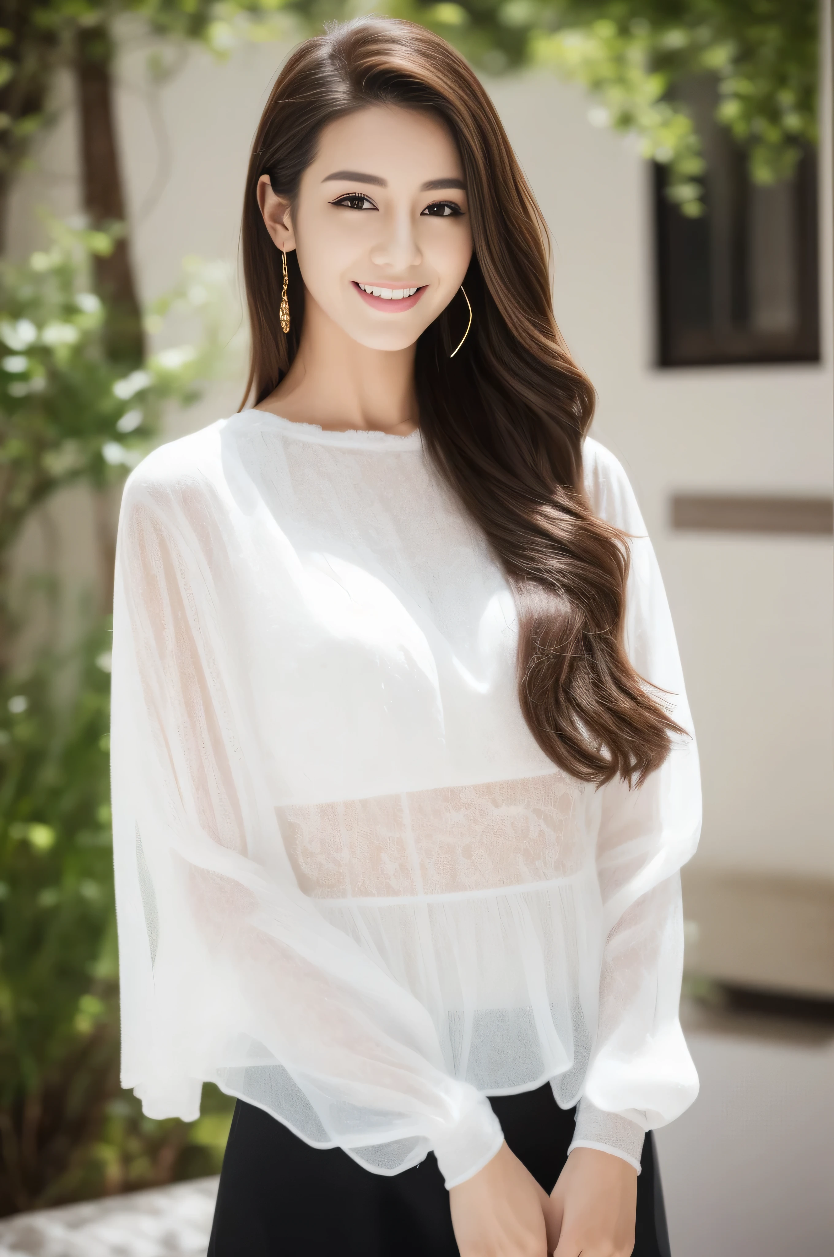 photorealistic:1.37, masterpiece, best quality, raw photo, absurdres, uhd, 1girl, wavy hair, brown hair, seductive , looking at viewer, detailed skin, pore, highres, hdr , beautiful model, soft light to the face,JP_MODELS,midium breasts, a 30 yo woman,Wearing an elegant blouse, Wearing an ultra-thin blouse,Blouses and , Wearing a silk blouse, wear a shirt and skirt,shy smile,fullbody shot、((full figure supermodel standing, entire body in frame))