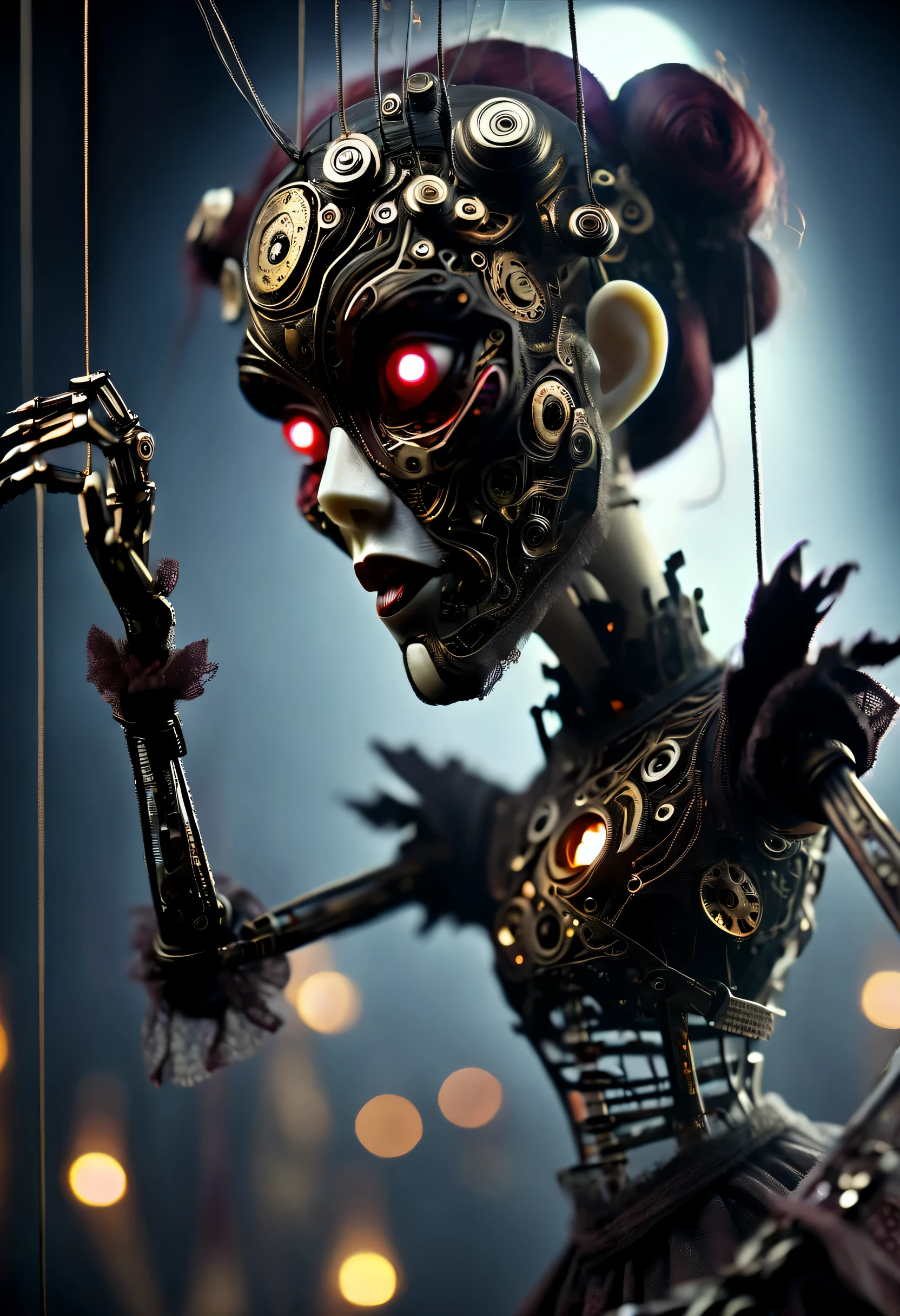 (dancing miniature mechanical puppets: 1.37), acrylic style, robot character, beautiful details, (whole body: 0.65), Dynamic dance moves, marionette, Chinese shadow puppetry, eyes and face, Charming figure, Complex mechanisms, metallic feel, dark and mysterious atmosphere, bizarre realism, dramatic lighting, Aged and weathered appearance, Steampunk elements, Eerie and surreal atmosphere, intricate lace pattern, film composition, exquisite craft, Gothic aesthetics, strange beauty+, [high dynamic range], [fear], [concept artist], [sharp focus], [professional], [bright colors], [Bokeh], Vision,