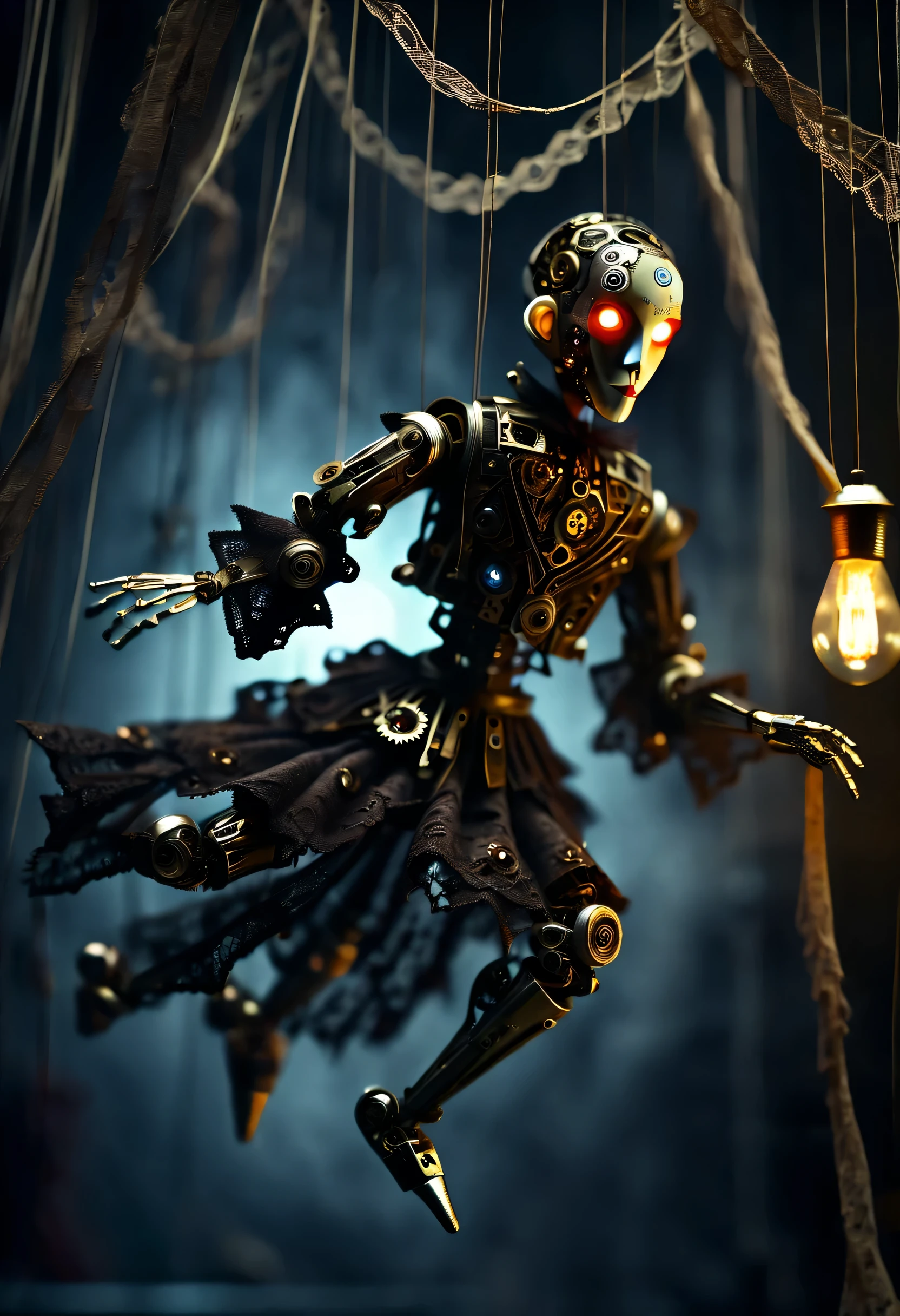 (dancing miniature mechanical puppets: 1.37), acrylic style, robot character, beautiful details, (whole body: 0.65), Dynamic dance moves, marionette, Chinese shadow puppetry, eyes and face, Charming figure, Complex mechanisms, metallic feel, dark and mysterious atmosphere, bizarre realism, dramatic lighting, Aged and weathered appearance, Steampunk elements, Eerie and surreal atmosphere, intricate lace pattern, film composition, exquisite craft, Gothic aesthetics, strange beauty+, [high dynamic range], [fear], [concept artist], [sharp focus], [professional], [bright colors], [Bokeh], Vision,