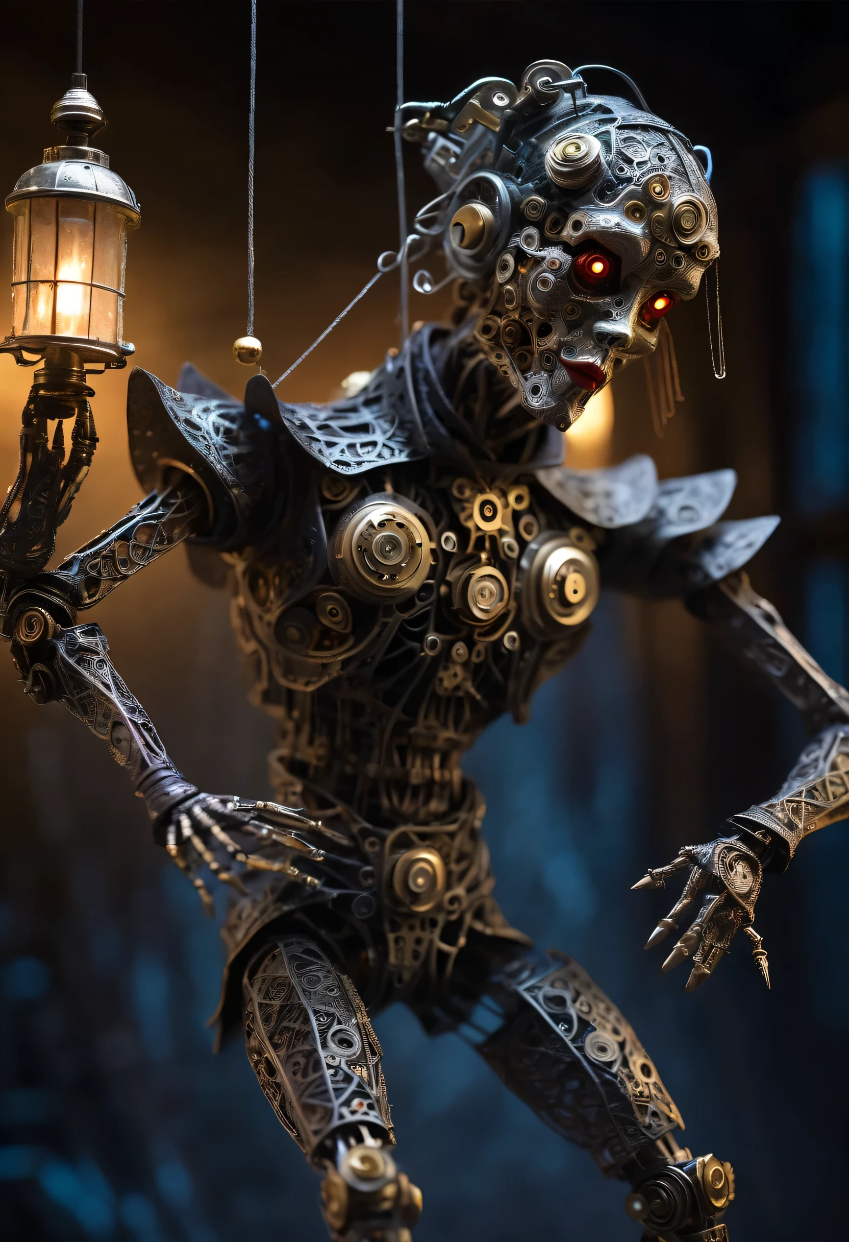 (dancing miniature mechanical puppets: 1.37), acrylic style, robot character, beautiful details, (whole body: 0.65), Dynamic dance moves, marionette, Chinese shadow puppetry, eyes and face, Charming figure, Complex mechanisms, Mechanical structure, metallic feel, dark and mysterious atmosphere, bizarre realism, dramatic lighting, Aged and weathered appearance, Steampunk elements, Eerie and surreal atmosphere, intricate lace pattern, film composition, exquisite craft, Gothic aesthetics, strange beauty+, [high dynamic range], [fear], [concept artist], [sharp focus], [professional], [bright colors], [Bokeh], Vision,