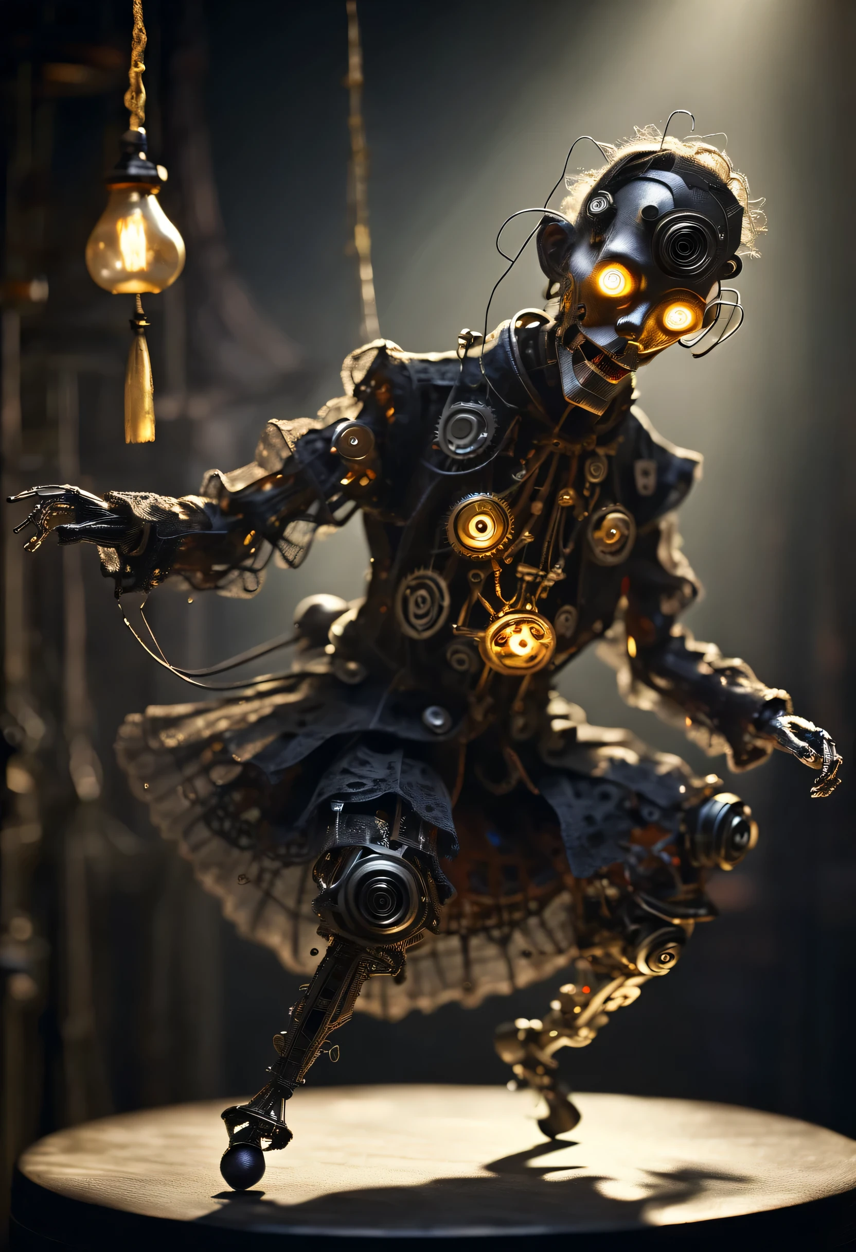 (Sword Dance Micro Mechanical Puppet: 1.37), acrylic style, robot character, beautiful details, (whole body: 0.65), Dynamic dance moves, (marionette), marionette, (Chinese shadow puppetry), Gold Line，rope， wings，eyes and face, Charming figure, Complex mechanisms, Mechanical structure, metallic feel, dark and mysterious atmosphere, bizarre realism, dramatic lighting, Aged and weathered appearance, Steampunk elements, Eerie and surreal atmosphere, intricate lace pattern, film composition, exquisite craft, Gothic aesthetics, strange beauty+, [high dynamic range], [fear], [concept artist], [sharp focus], [professional], [bright colors], [Bokeh], Vision,