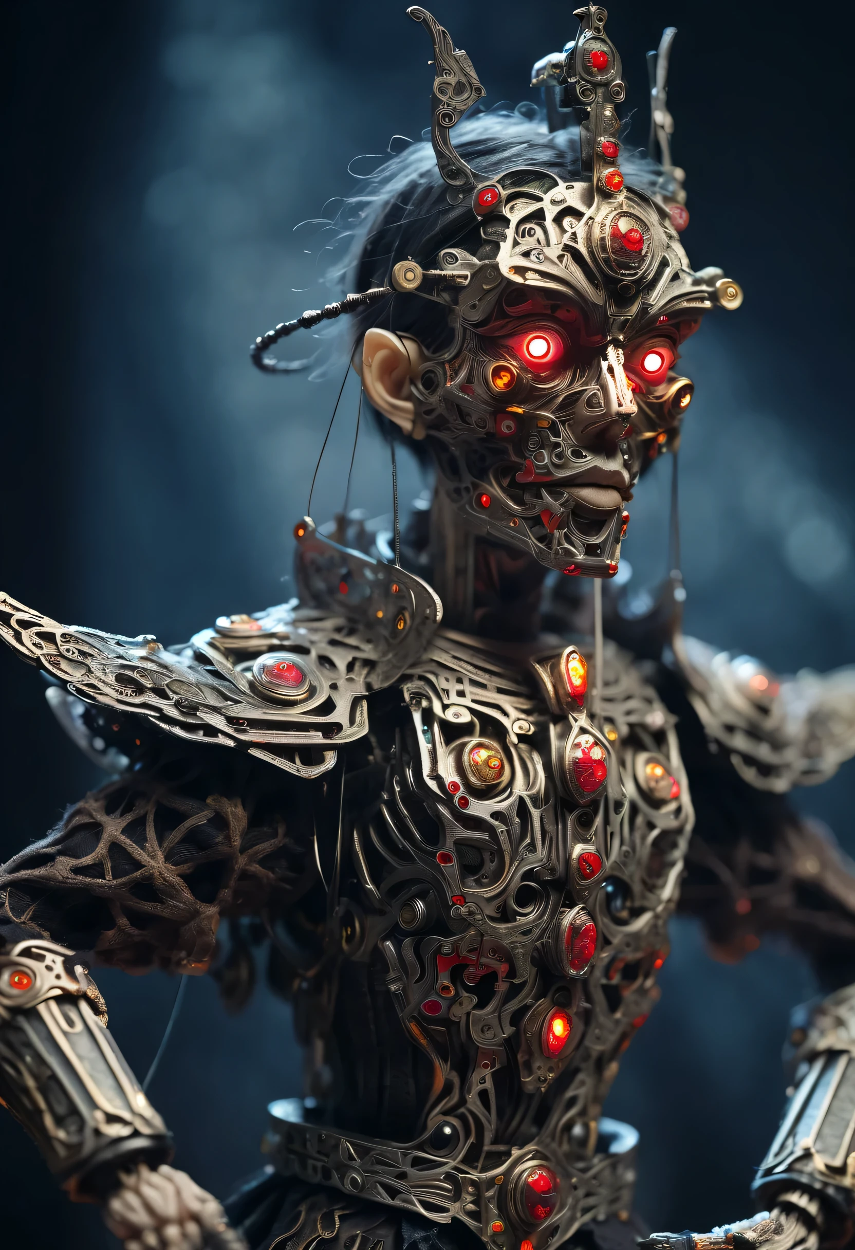 (Sword Dance Micro Mechanical Puppet: 1.37), acrylic style, robot character, beautiful details, (whole body: 0.65), Dynamic dance moves, marionette, Chinese shadow puppets, eyes and face, Charming figure, Complex mechanisms, Mechanical structure, metallic feel, dark and mysterious atmosphere, bizarre realism, dramatic lighting, Aged and weathered appearance, Steampunk elements, Eerie and surreal atmosphere, intricate lace pattern, film composition, exquisite craft, Gothic aesthetics, strange beauty+, [high dynamic range], [fear], [concept artist], [sharp focus], [professional], [bright colors], [Bokeh], Vision,