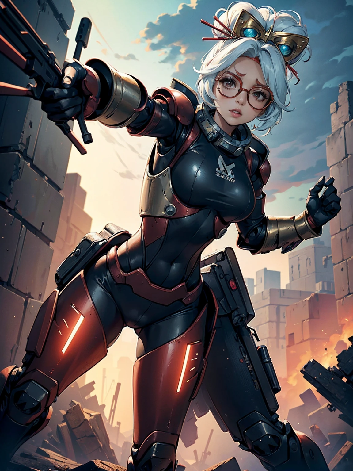 ((1girl, slolo, alone, Shy, kawai, cute, Masterpiece, Best Quality, Purah, White Hair, Red Eyes, Red Headband, Hair Ornament, Hair Sticks, Red Glasses)), ((pink lipstick, Extremely detailed, ambient soft lighting, 4k, perfect eyes, a perfect face, perfect lighting, a 1girl)) , ((((Space Detective, woman, (female exoskeleton), (red and black combat suit), wasteland, action scene, action pose, masterpiece, rich colors, Backlight, beautiful expression, fantasy art, character art, metallic red and silver combat suit)), wet body, ((fitness)), standing, Beautiful))