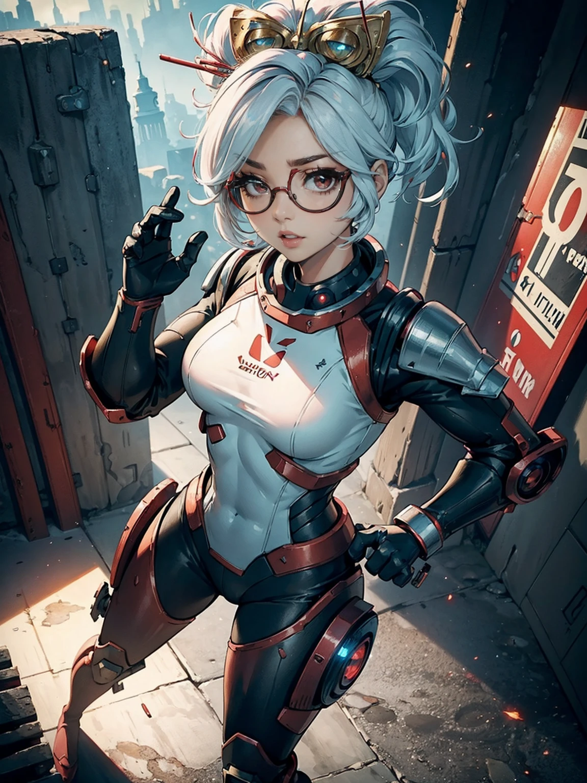 ((1girl, slolo, alone, Shy, kawai, cute, Masterpiece, Best Quality, Purah, White Hair, Red Eyes, Red Headband, Hair Ornament, Hair Sticks, Red Glasses)), ((pink lipstick, Extremely detailed, ambient soft lighting, 4k, perfect eyes, a perfect face, perfect lighting, a 1girl)) , ((((Space Detective, woman, (female exoskeleton), (red and black combat suit), wasteland, action scene, action pose, masterpiece, rich colors, Backlight, beautiful expression, fantasy art, character art, metallic red and silver combat suit)), wet body, ((fitness)), standing, Beautiful))
