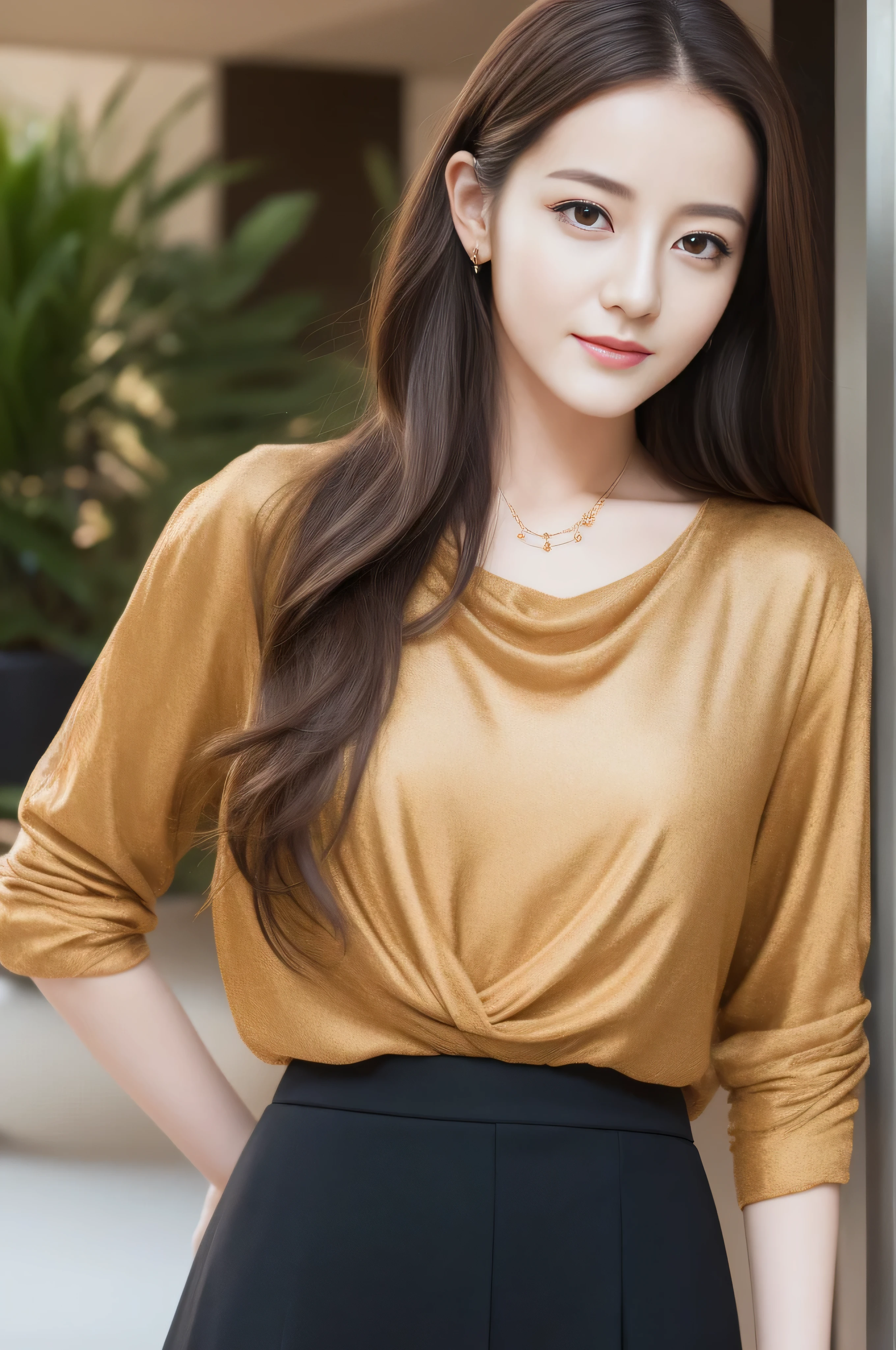 photorealistic:1.37, masterpiece, best quality, raw photo, absurdres, uhd, 1girl, wavy hair, brown hair, seductive , looking at viewer, detailed skin, pore, highres, hdr , beautiful model, soft light to the face,JP_MODELS,midium breasts, a 30 yo woman,Bewitching beautiful mature elite secretary in luxurious silk blouse、Blouses and skirts, Wearing a silk blouse, wear a shirt and skirt,