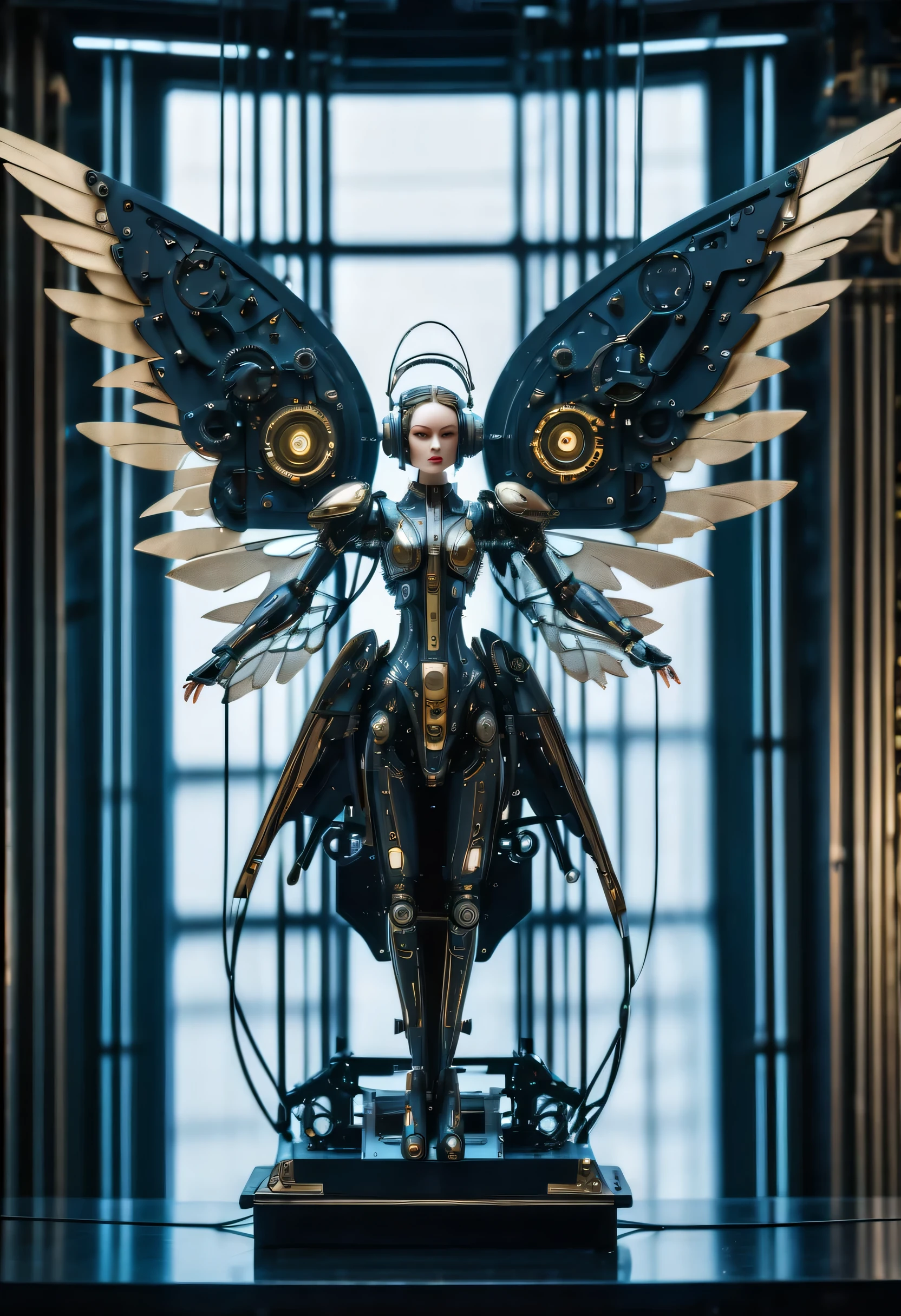 A scene straight out of Cyberpunk with steampunk dreams, A meticulously crafted contraption doll with a matte paint finish stands front and center, doll resembling an angel, Adorned with a futuristic monitor and delicately detailed glass wings that catch the light。, Stunning 3D rendering of matte and intricately detailed puppet designs, All metal joints and glowing screens are、A visual masterpiece with clever contrast.。, futuristic and fantastic, A masterpiece of intricate mechanical engineering, Clever shadow contrast to highlight great details, Ultra-fine brushwork brings out intricate details, (((Deep matte dark color coating:1.3))), exquisite paintings, (((Amazing mechanical precision and artistry:1.2))), Every tiny detail is rendered in perfect, beautiful quality..